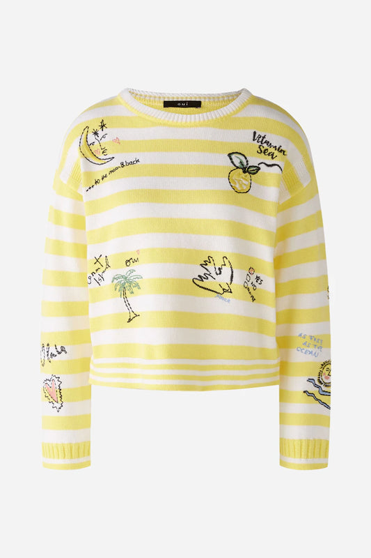 Oui White & Yellow Striped Jumper/ Embroidery