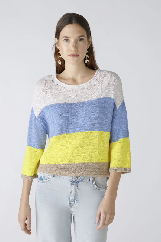 Oui Light Blue & Yellow Jumper with 3/4 Sleeves