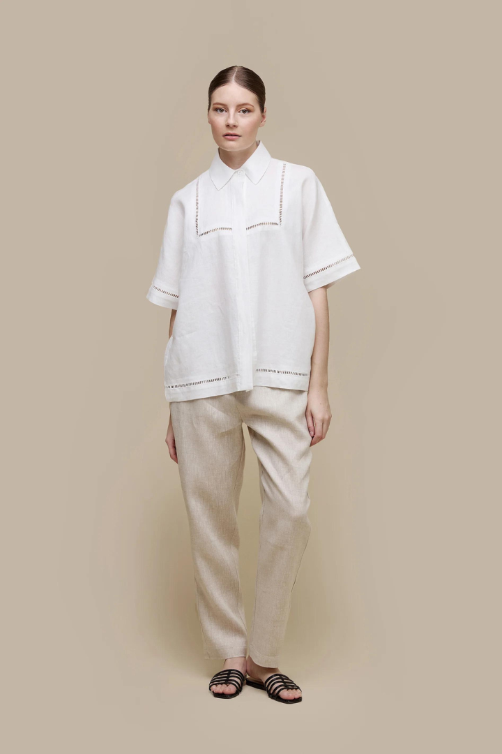 Uchuu White Linen Shirt / Open Stitch Embroidery