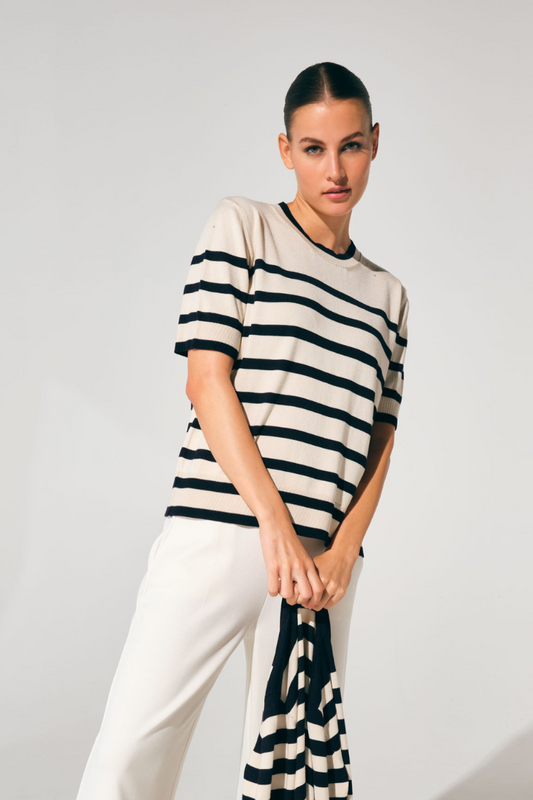 Milano Navy & Sand Stripe Jumper with 1/2 sleeve
