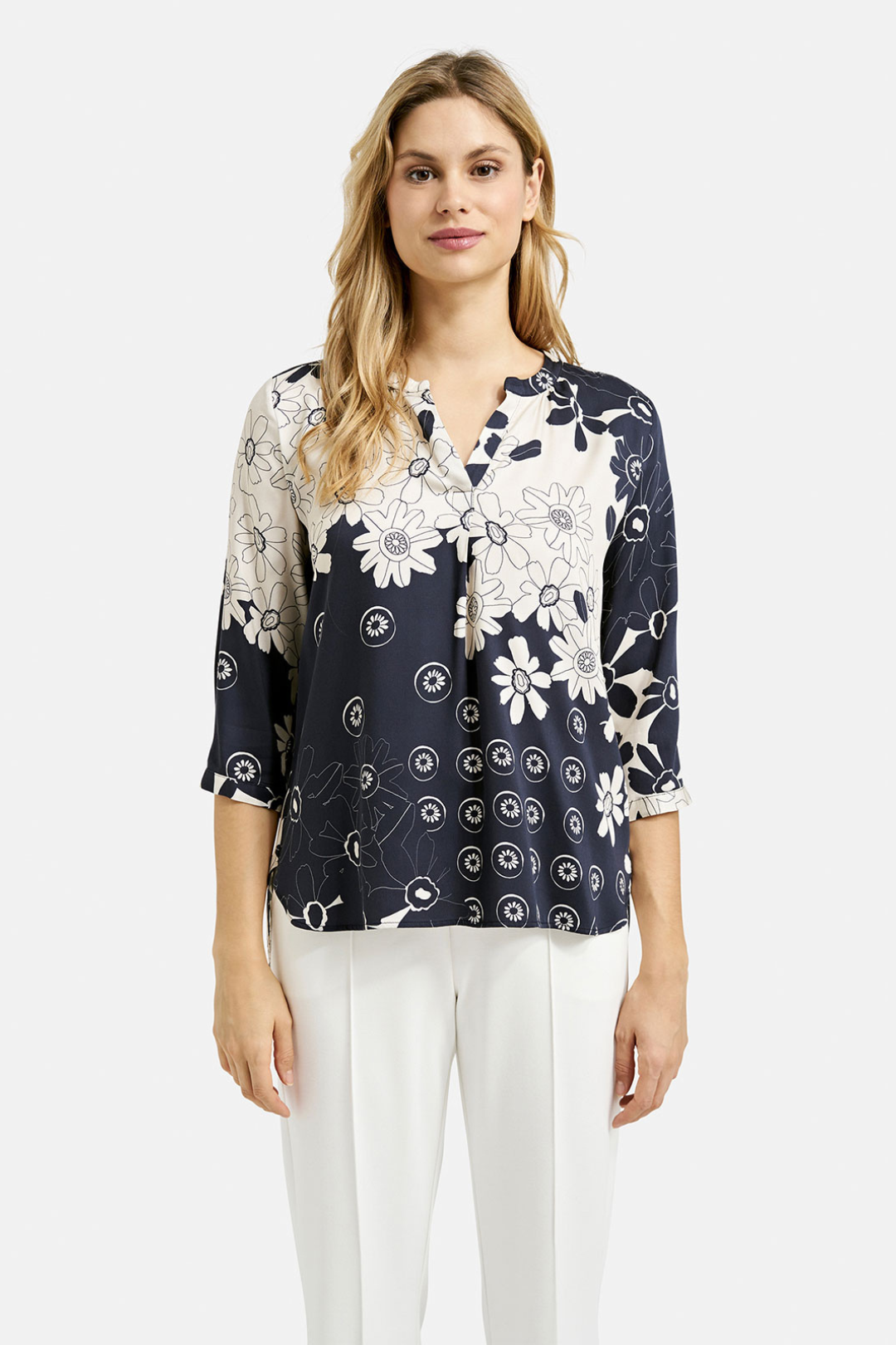 Milano Navy Flower Print V-Neck Blouse