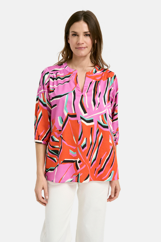 Milano Neon Pink Print  Blouse with V Neck
