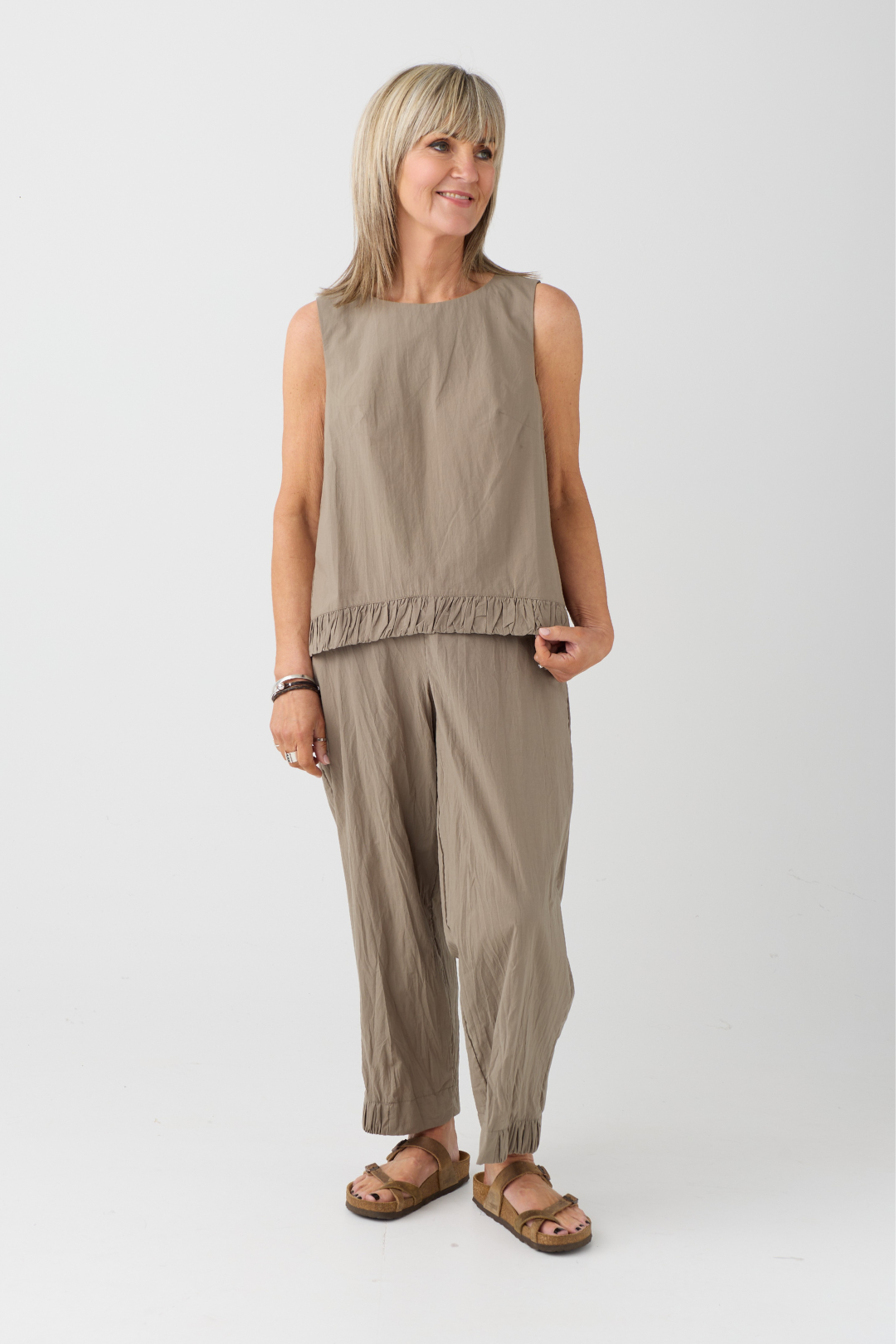 Ozai n Ku Olivine Sleeveless Pleat Top