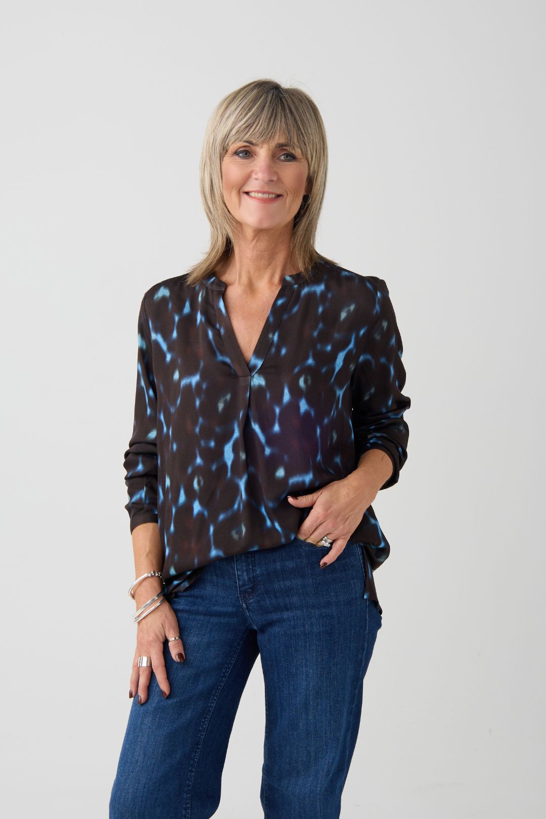 Milano Mocca Print V Neck Blouse