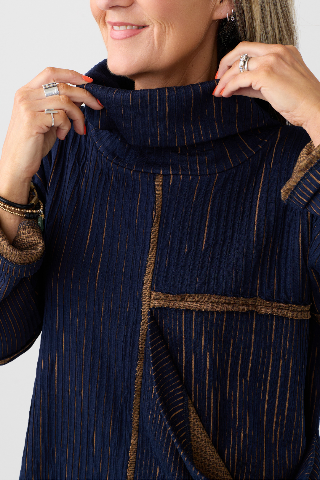 Ozai n Ku Blue/Mustard Cowl Neck Top 077