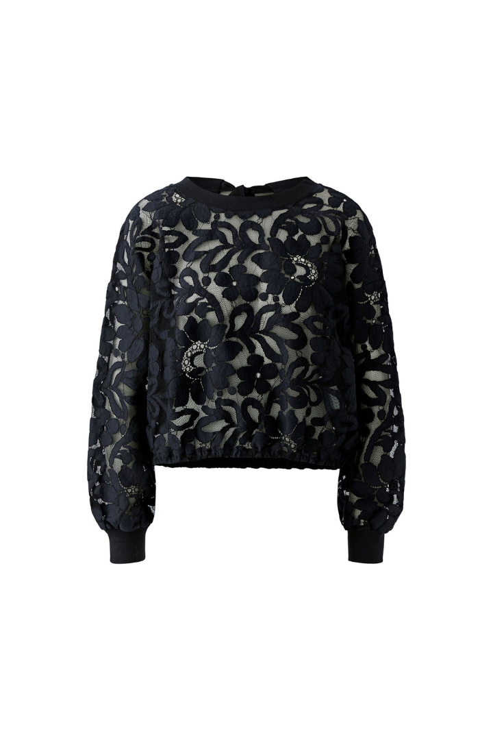 Oui Black Lace Detail Tie Neck Top