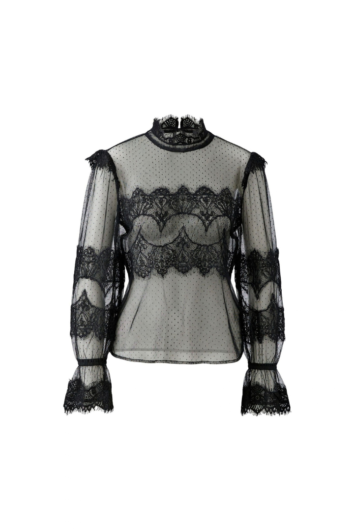 Oui Black Dotted Tulle/Lace Blouse