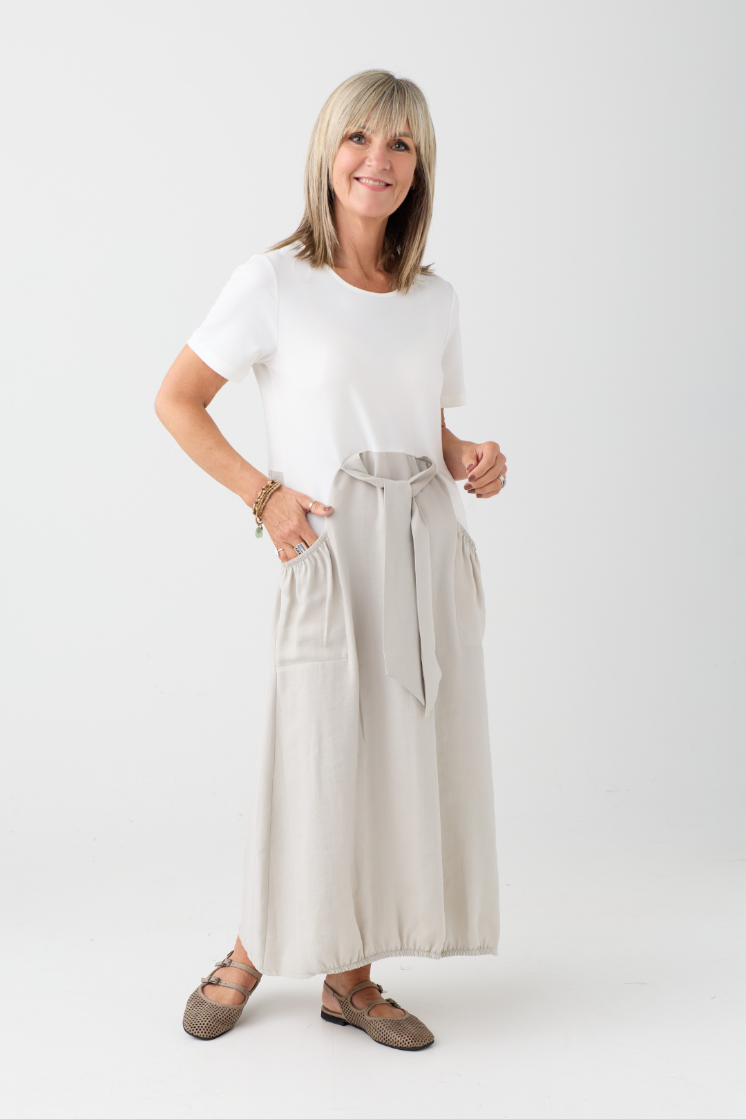 Naya Off White/Ash Contrast Tie Waist Dress