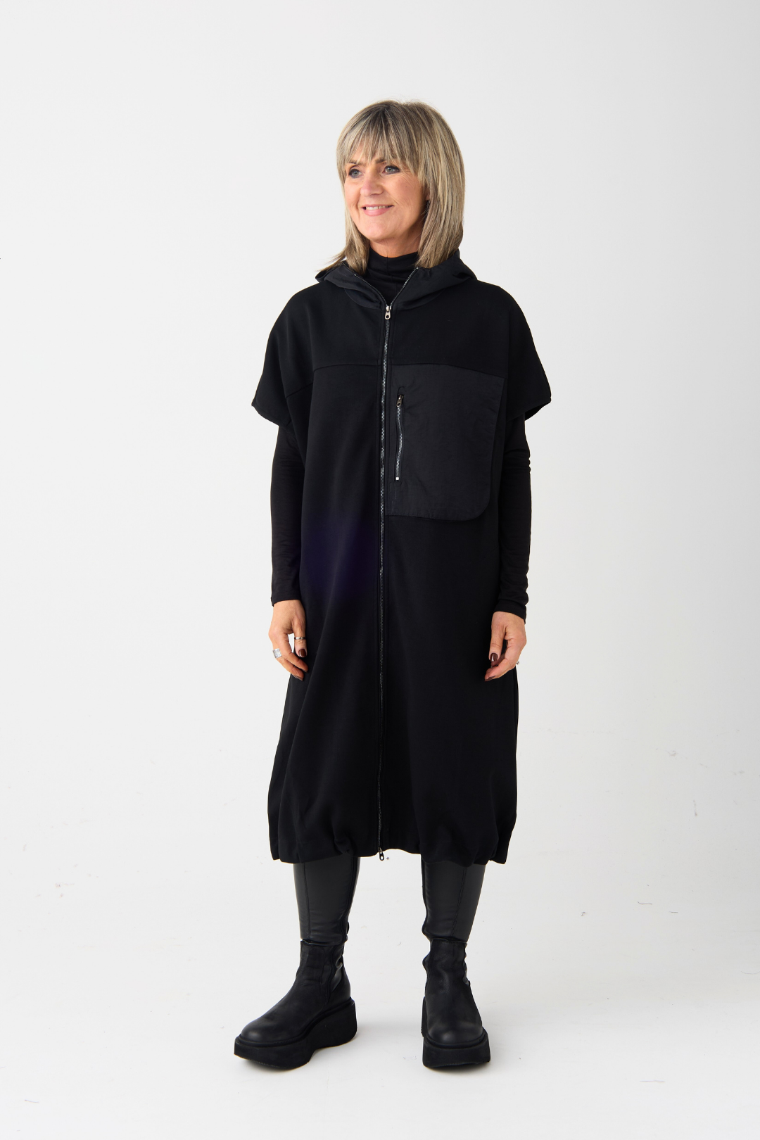 el2 Black Zip Front Hooded Dress