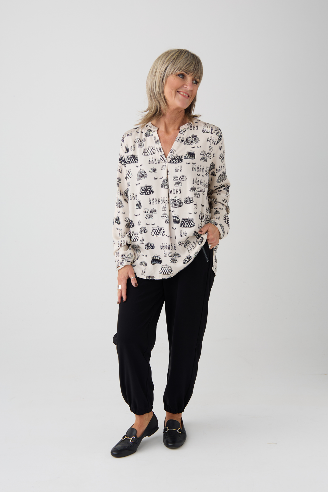 Milano Cream Make Up Print V Neck Blouse