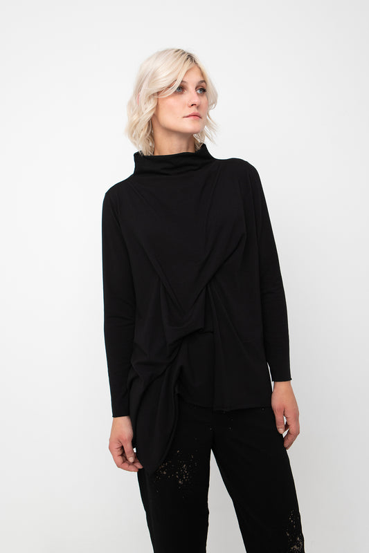 Ozai n Ku Black Funnel Neck/Twist Back Top
