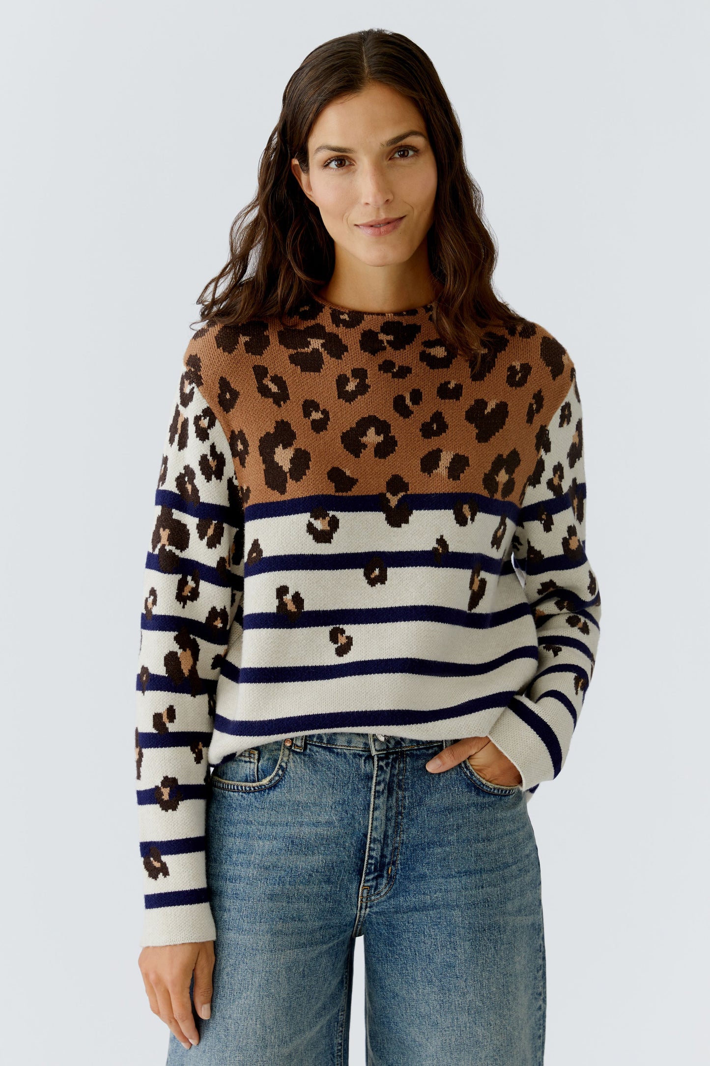 Oui Off White/Camel Animal/Stripped Jumper