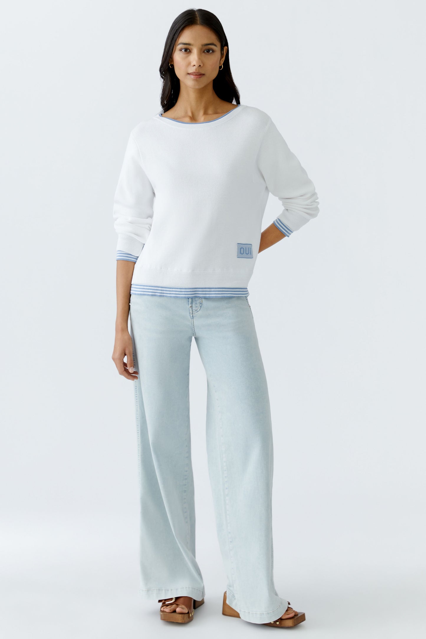 Oui White/Blue Layered Hem Jumper