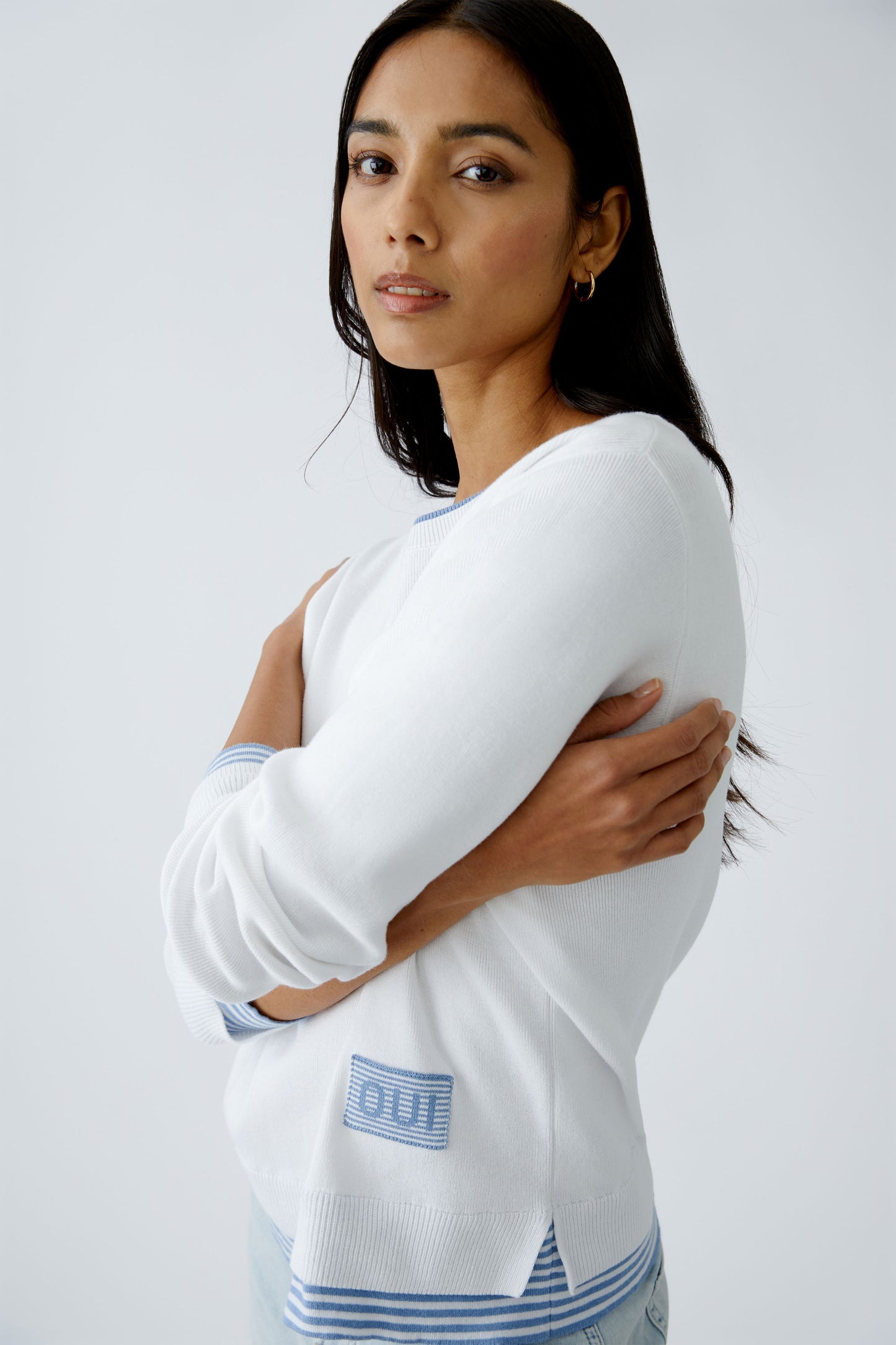 Oui White/Blue Layered Hem Jumper