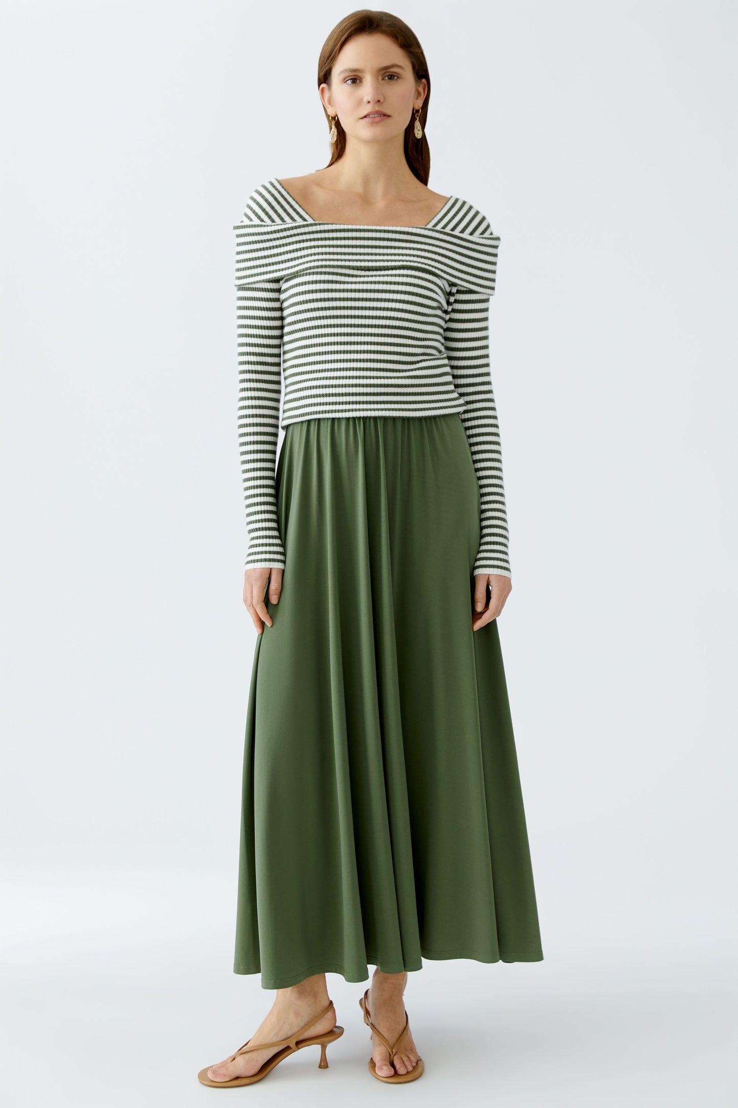 Oui Khaki/White Stripe Rib Knit Top