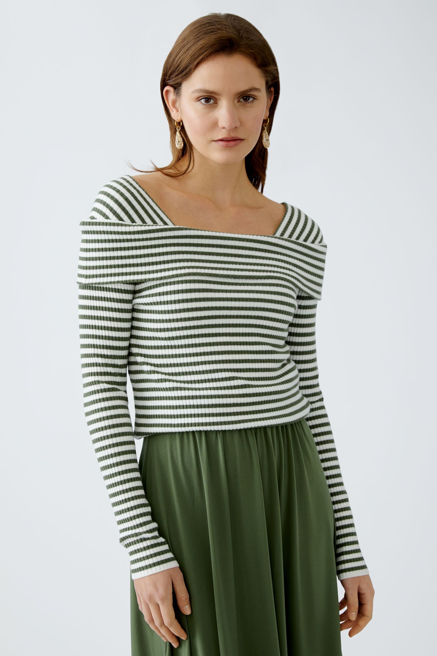 Oui Khaki/White Stripe Rib Knit Top