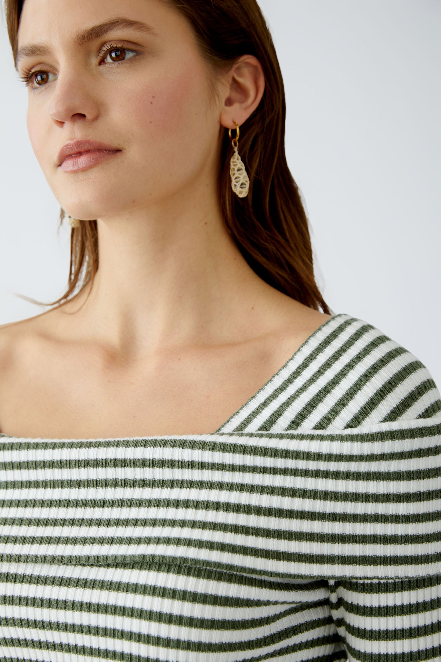 Oui Khaki/White Stripe Rib Knit Top