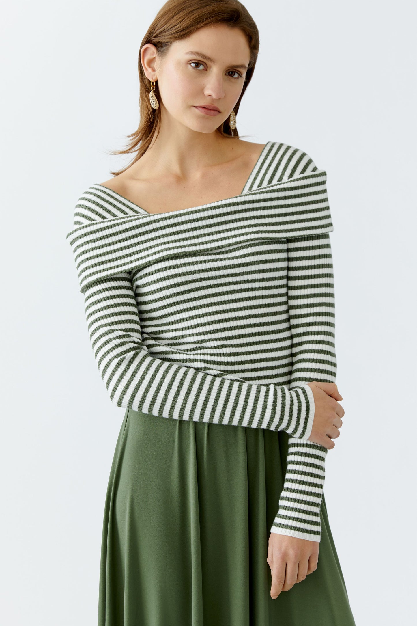 Oui Khaki/White Stripe Rib Knit Top