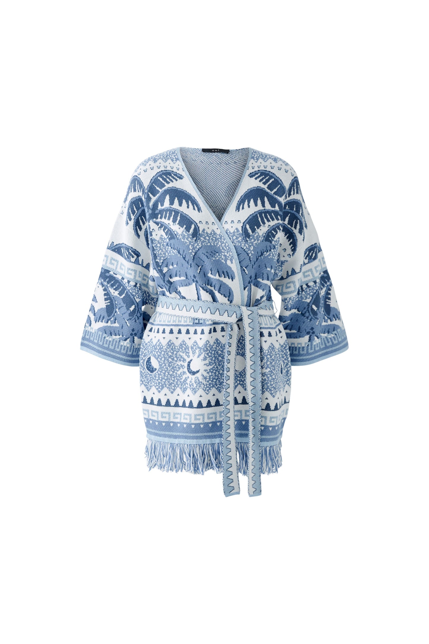 Oui Blue/White Extra Long Fringe Hem Cardigan