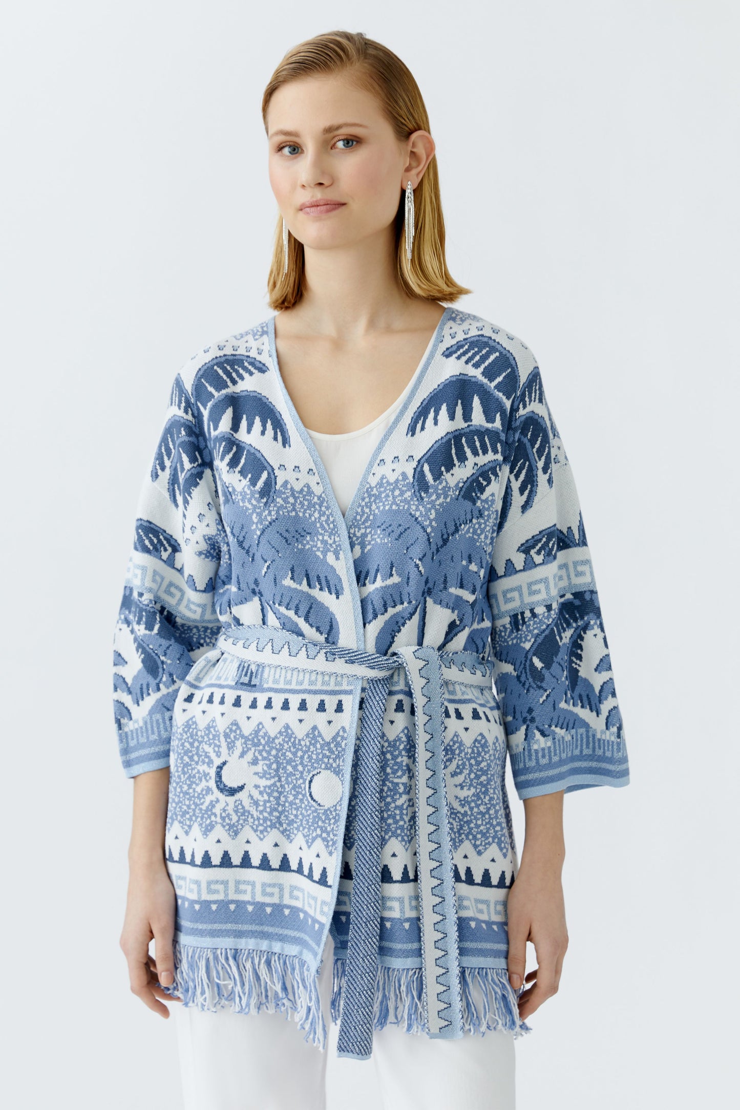 Oui Blue/White Extra Long Fringe Hem Cardigan