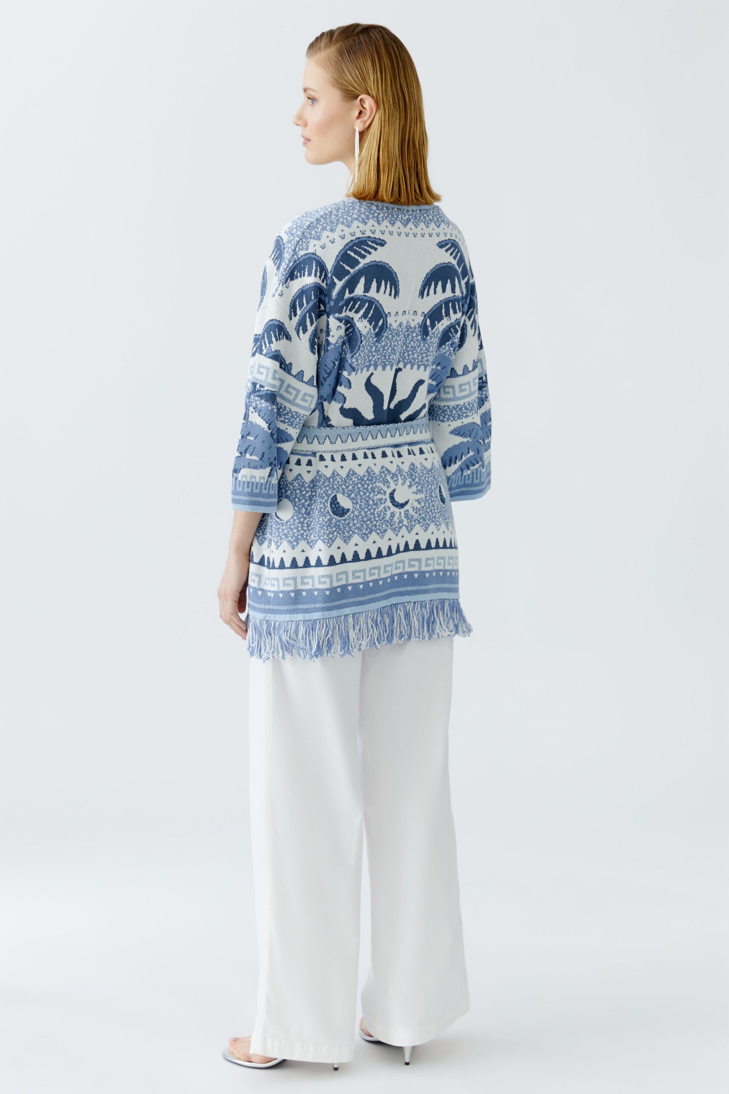 Oui Blue/White Extra Long Fringe Hem Cardigan