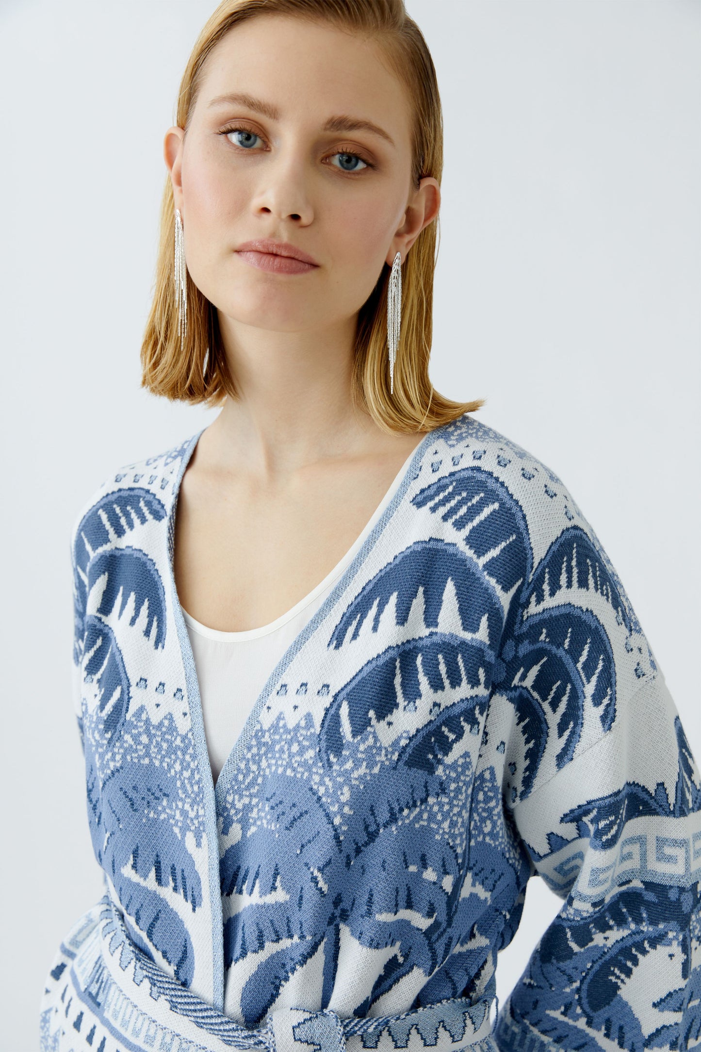 Oui Blue/White Extra Long Fringe Hem Cardigan