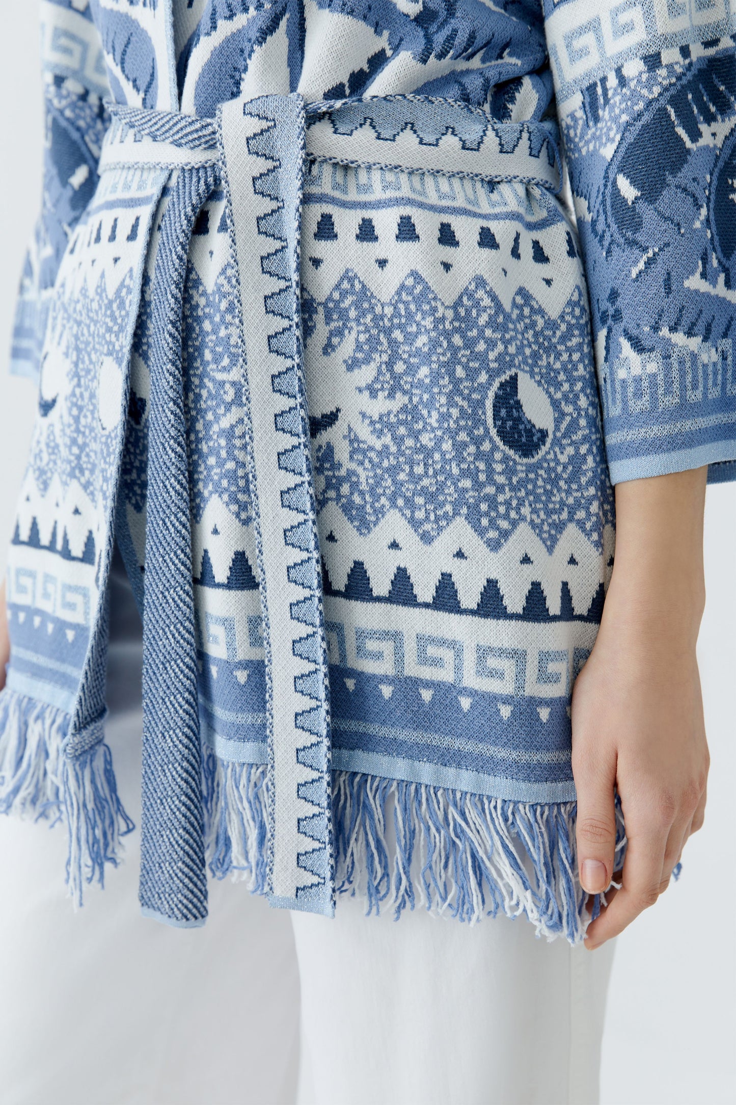 Oui Blue/White Extra Long Fringe Hem Cardigan
