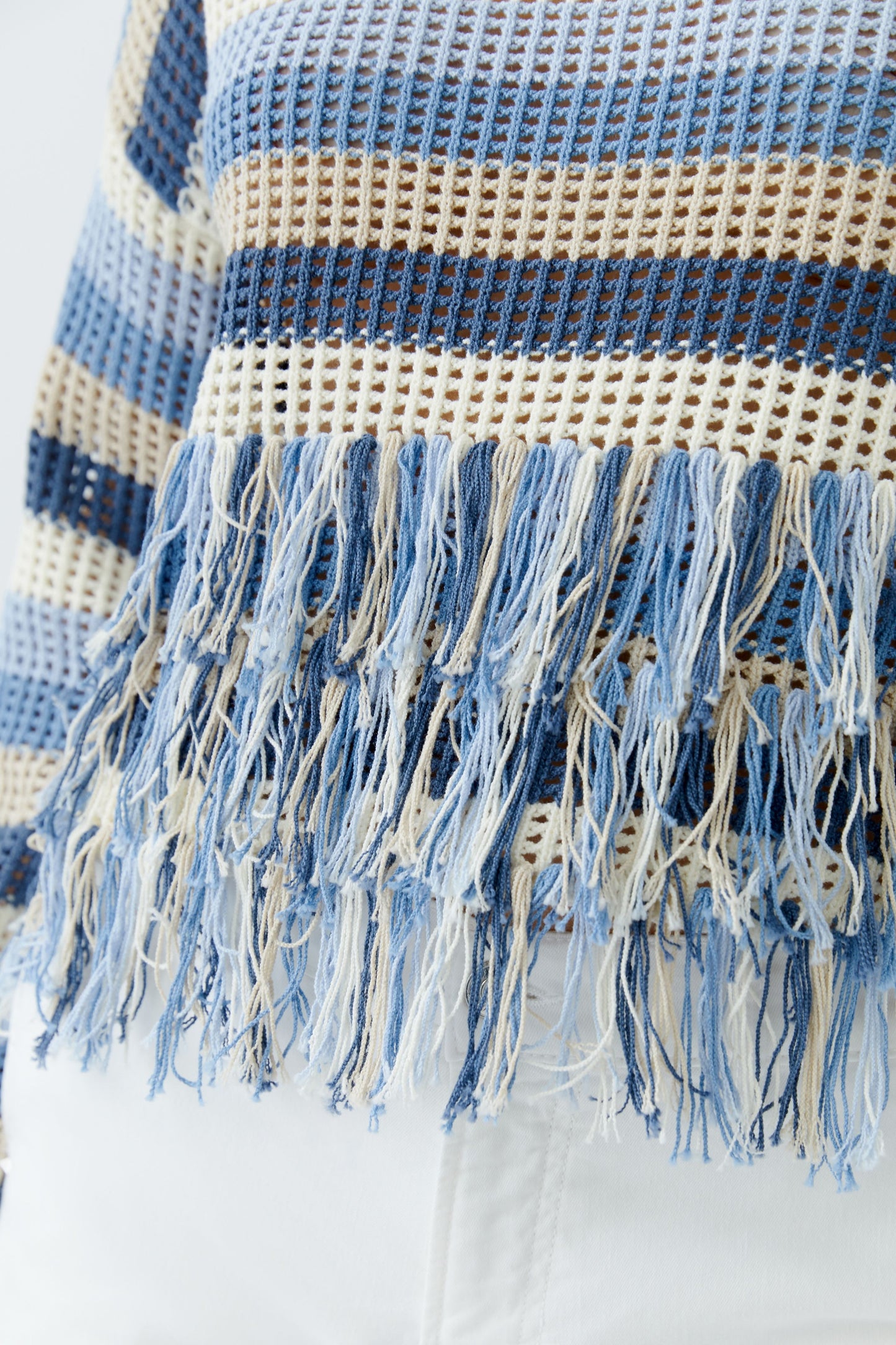 Oui Blue Stripe Fringe Jumper