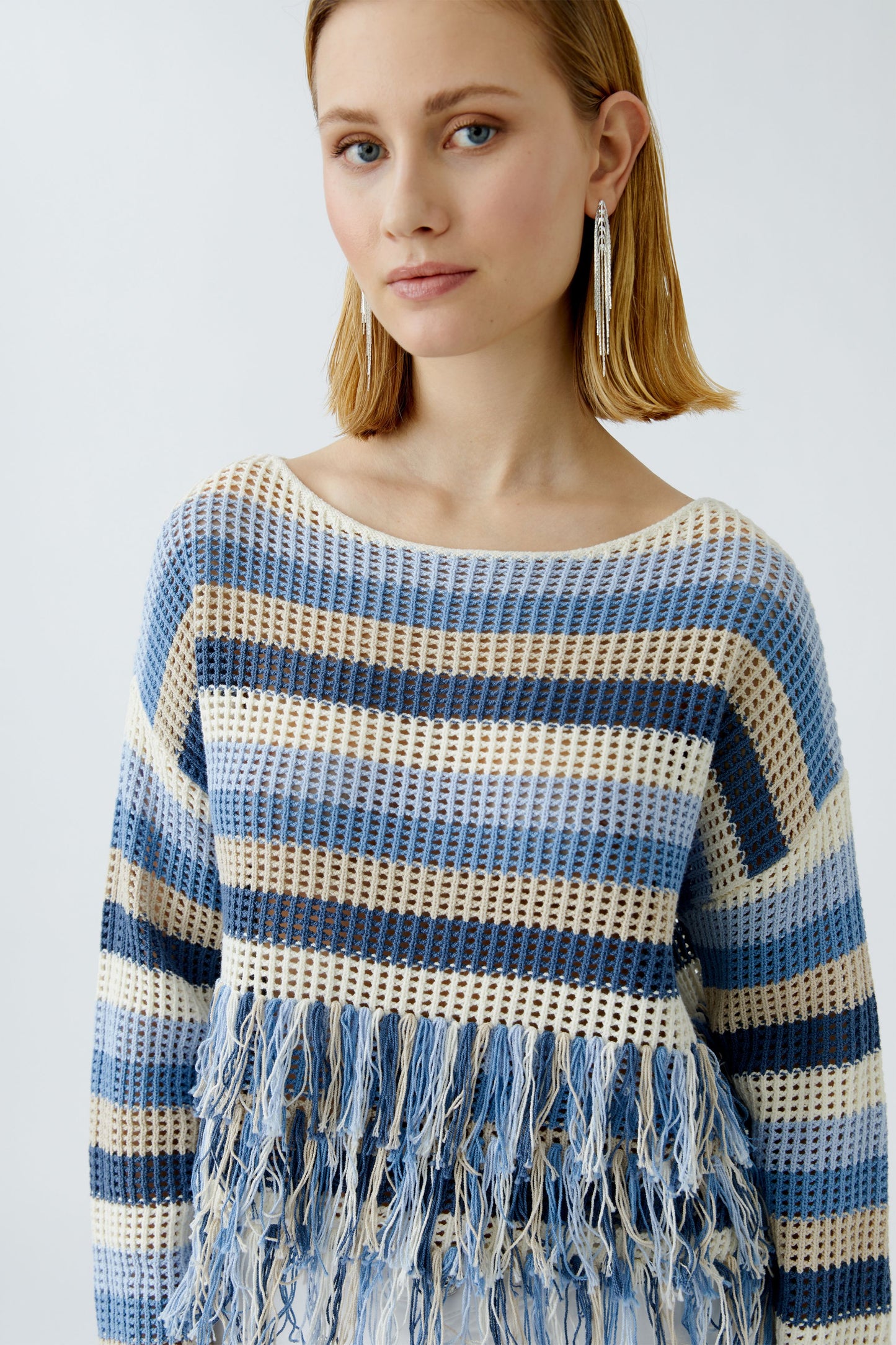 Oui Blue Stripe Fringe Jumper
