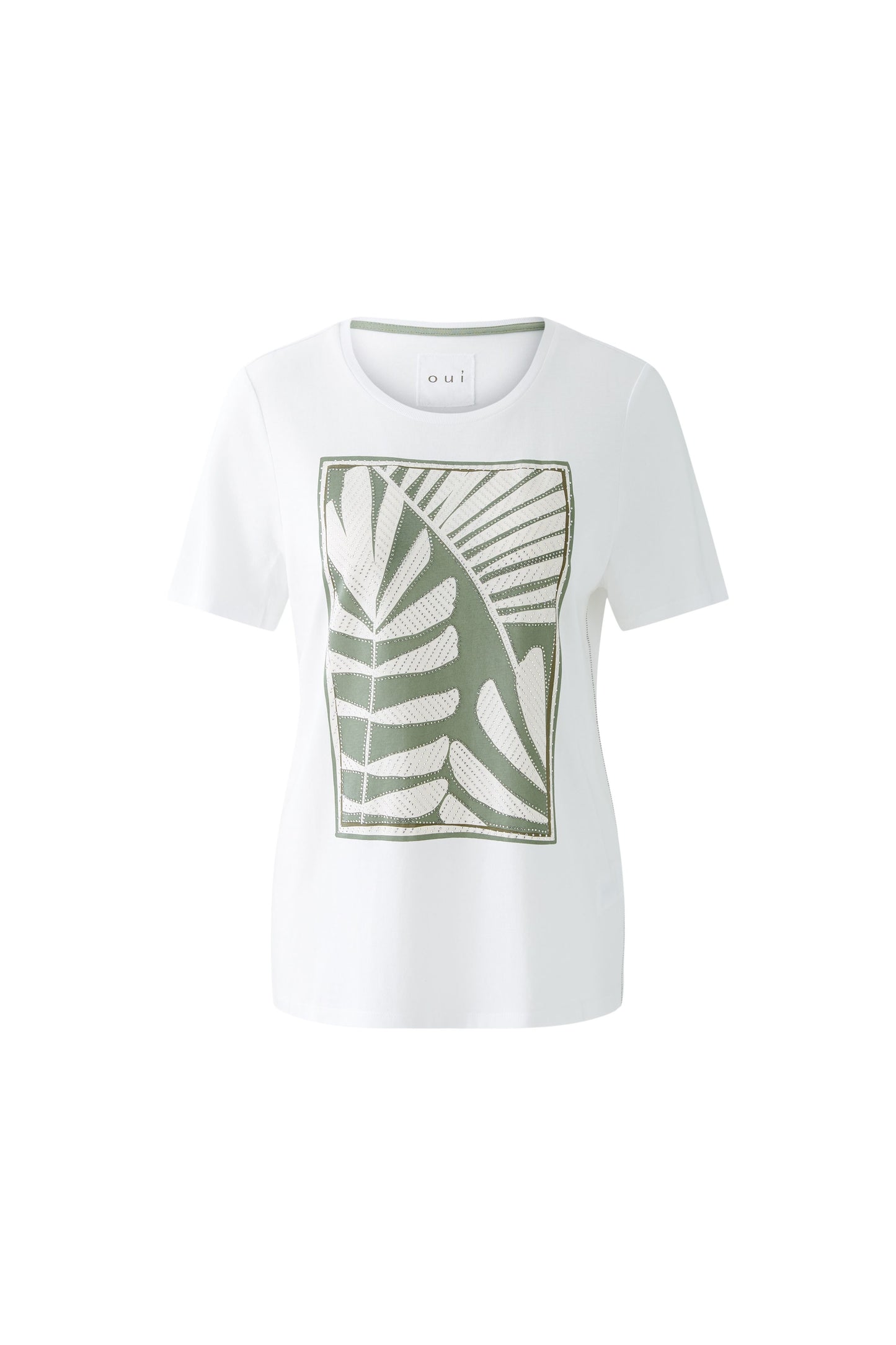 Oui Optic White Leaf Print Rhinestone T-shirt