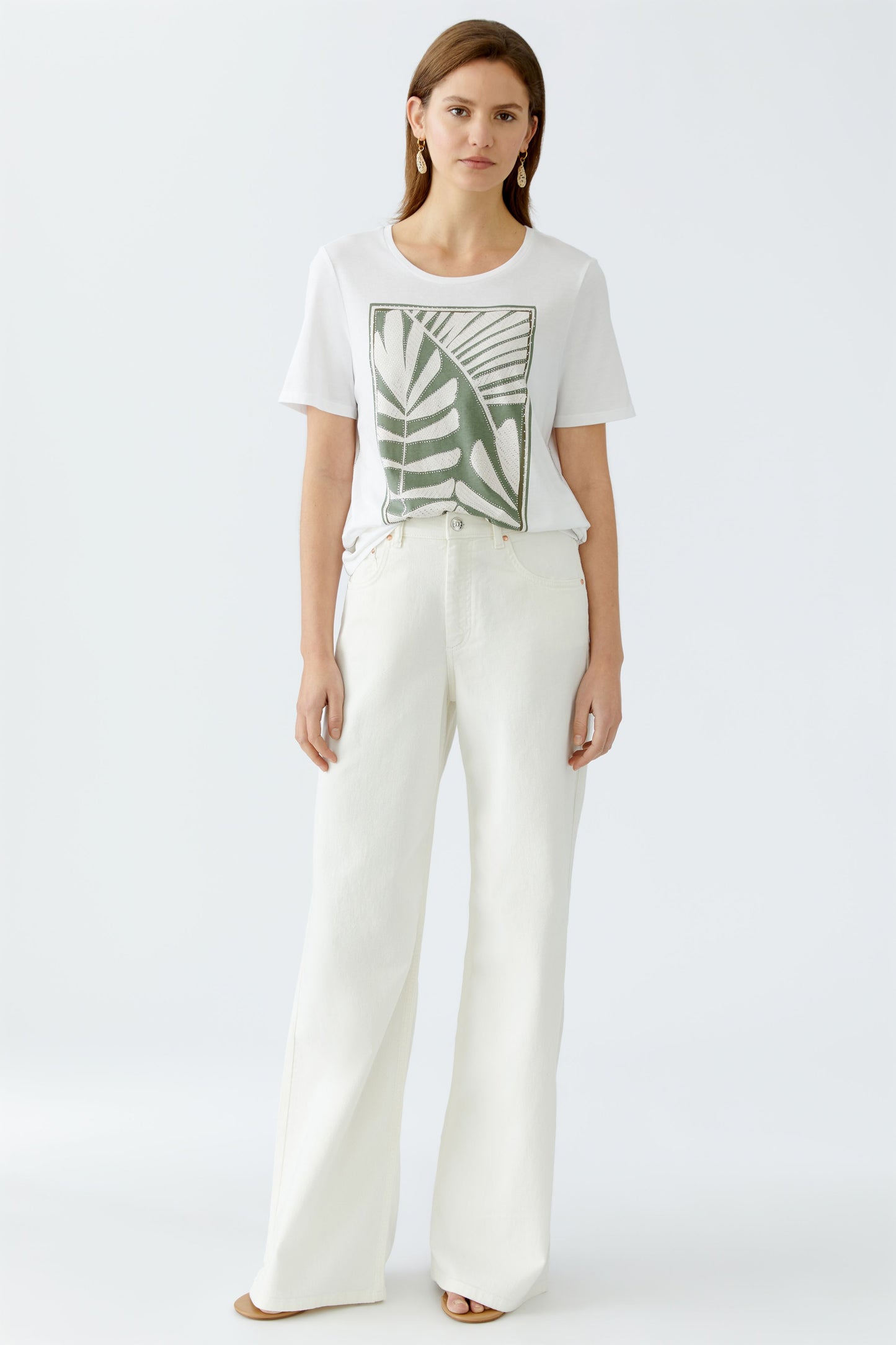 Oui Optic White Leaf Print Rhinestone T-shirt
