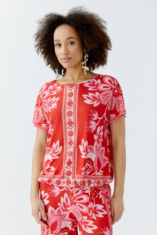 Oui Red/Rose Floral Print Top