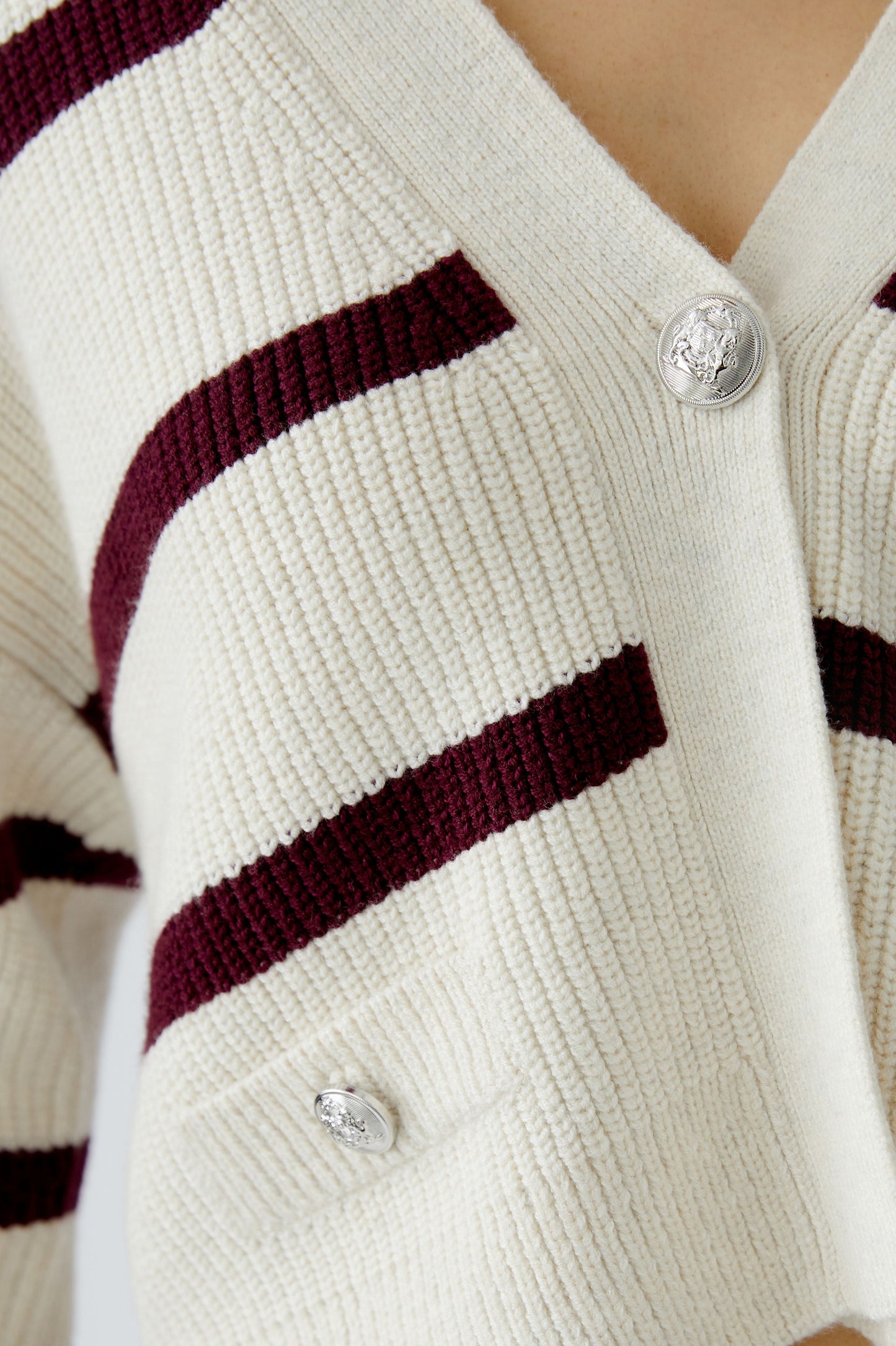 Oui Cream/Burgundy Stripe Cardigan