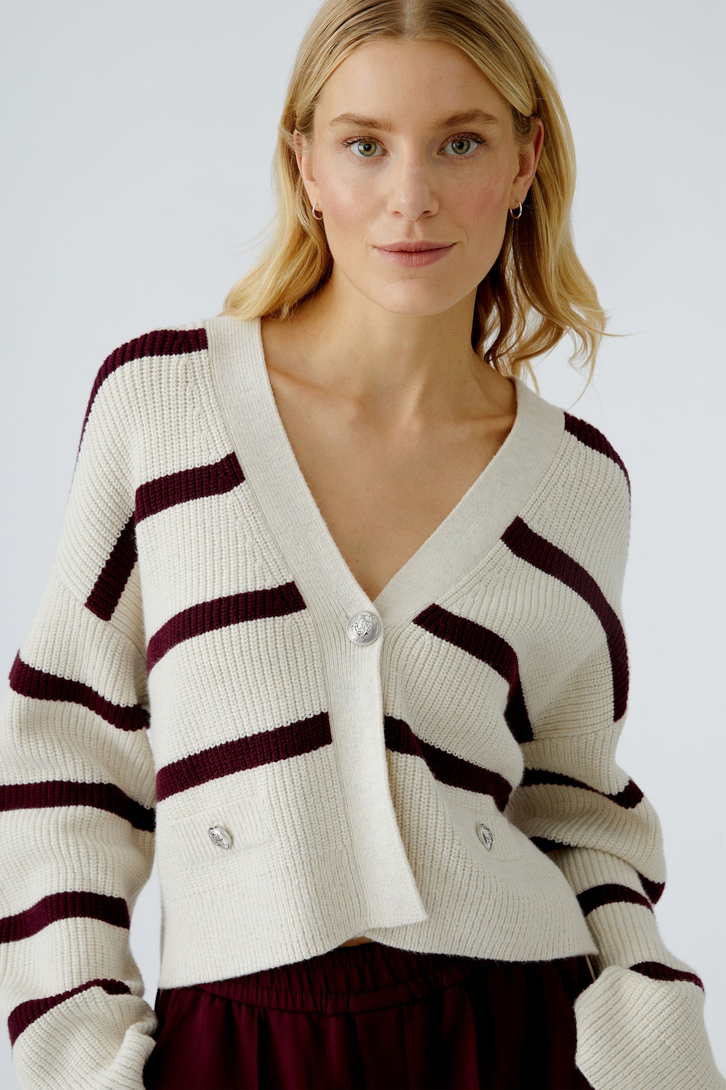 Oui Cream/Burgundy Stripe Cardigan