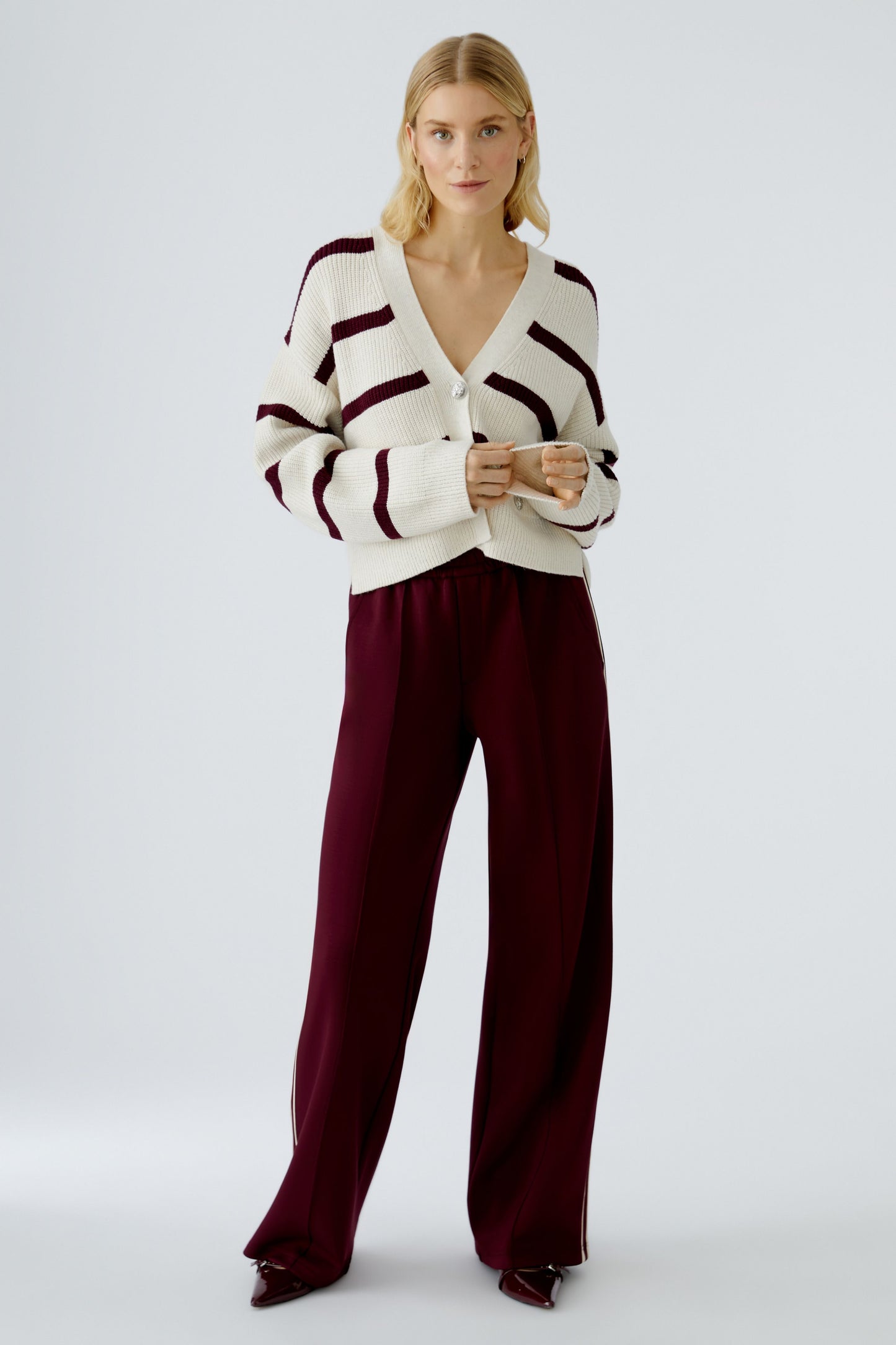 Oui Cream/Burgundy Stripe Cardigan