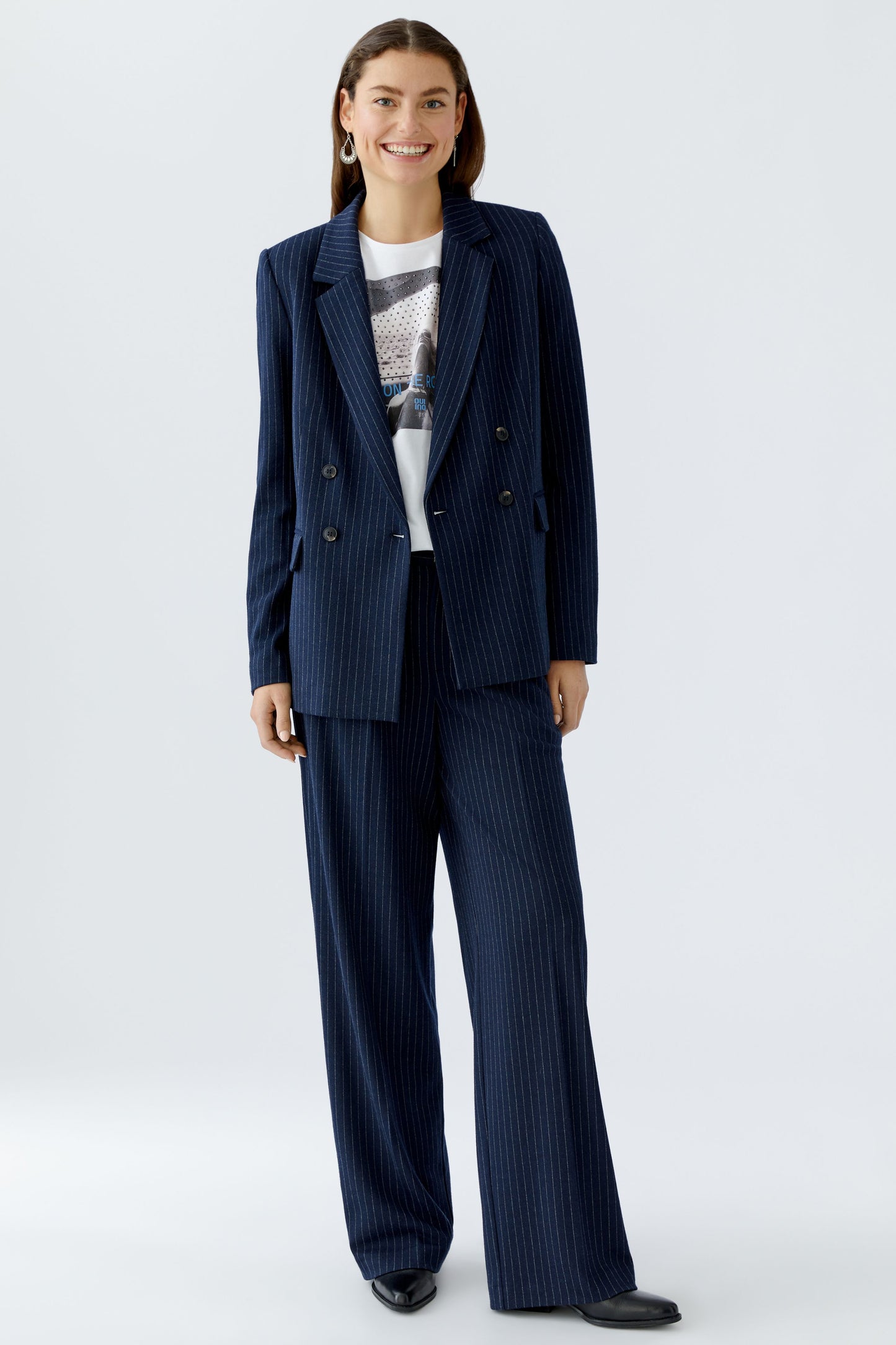 Oui Dark Blue/Camel Pinstripe Blazer