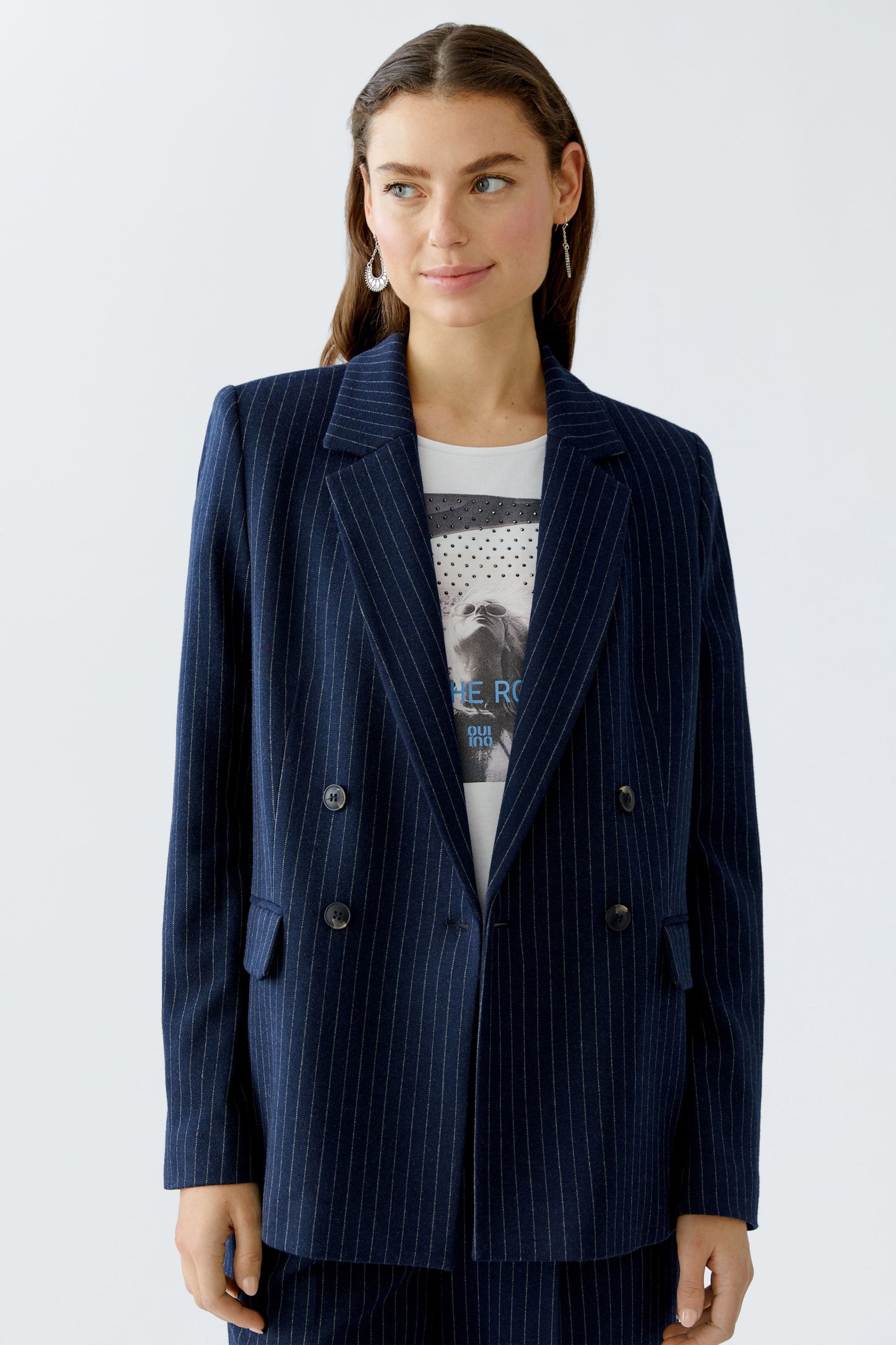 Oui Dark Blue/Camel Pinstripe Blazer