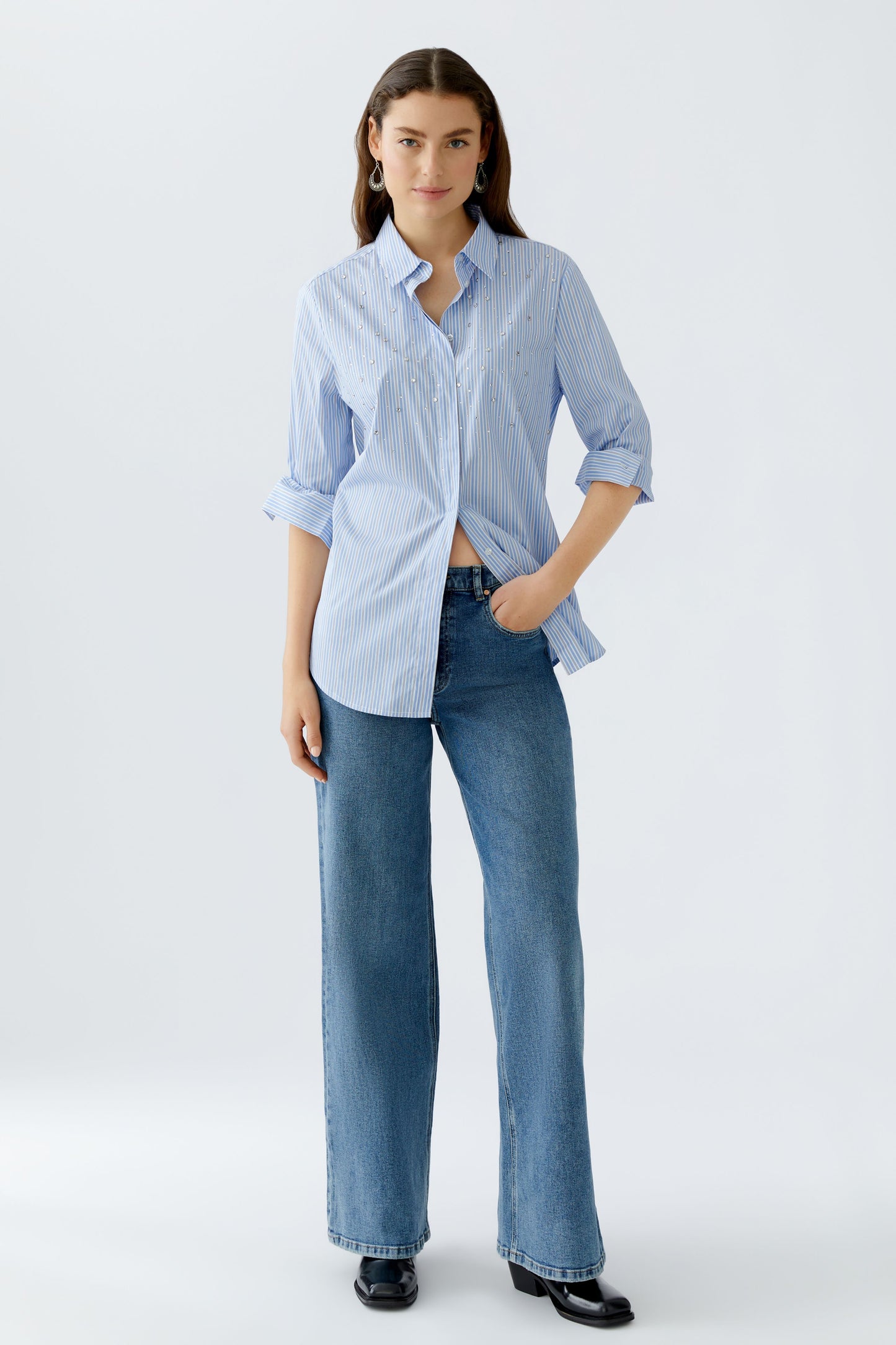 Oui Light Blue/White Stripe Embellished Shirt