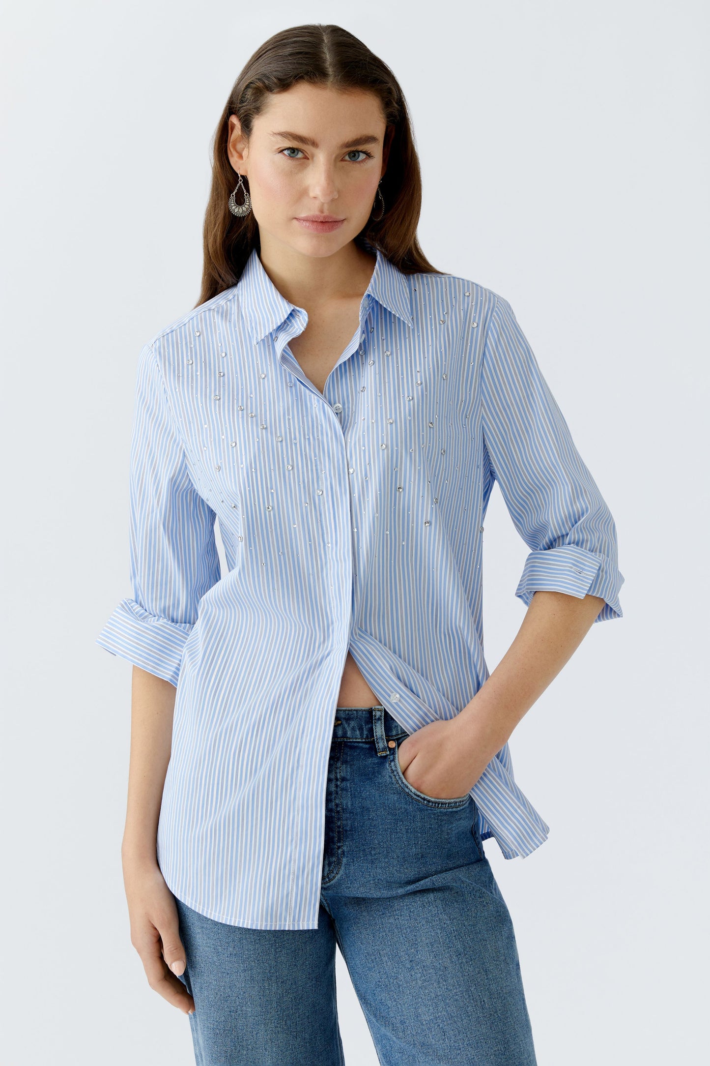 Oui Light Blue/White Stripe Embellished Shirt