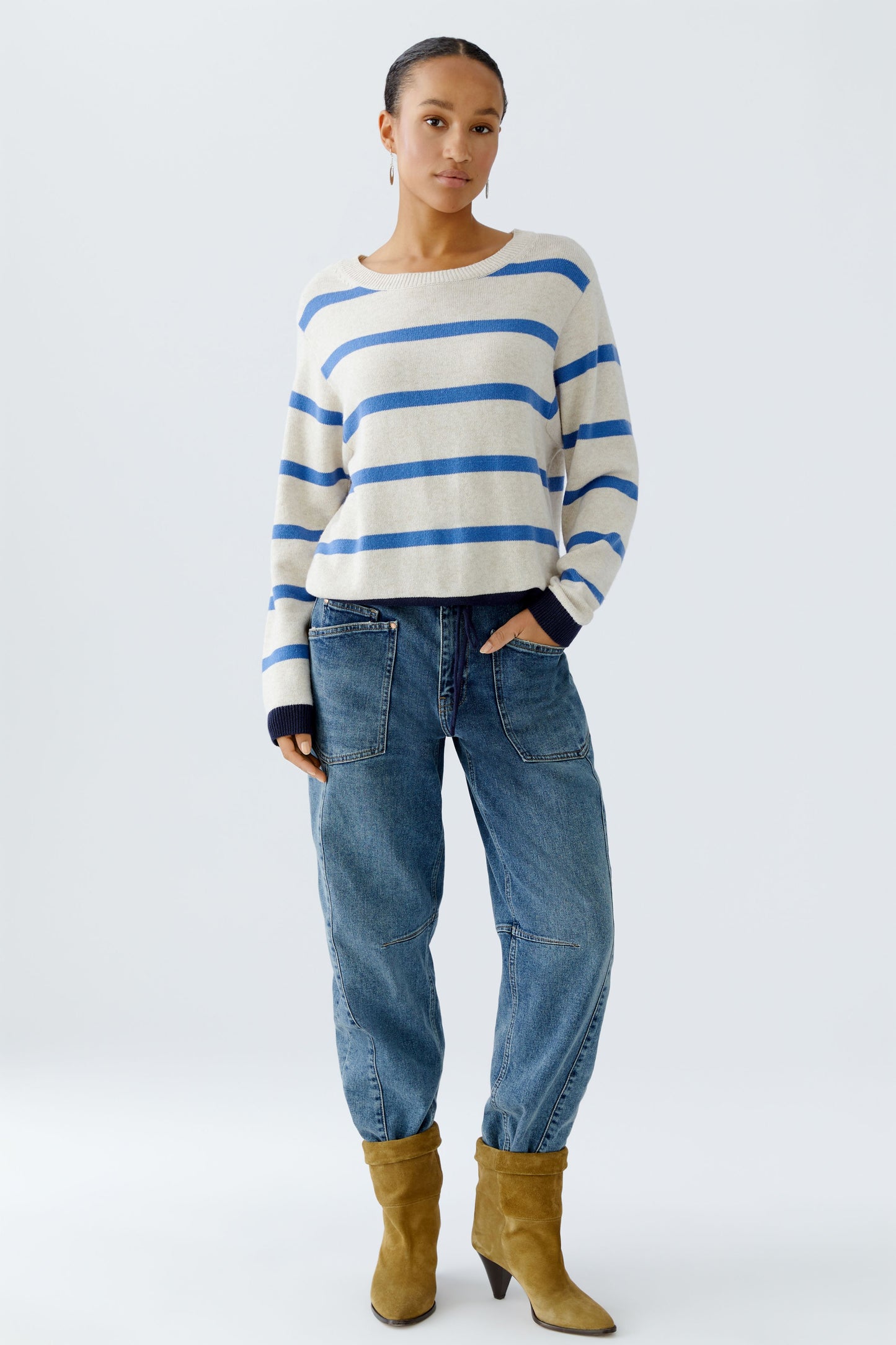 Oui Off White/Blue Stripe Drawstring Jumper'