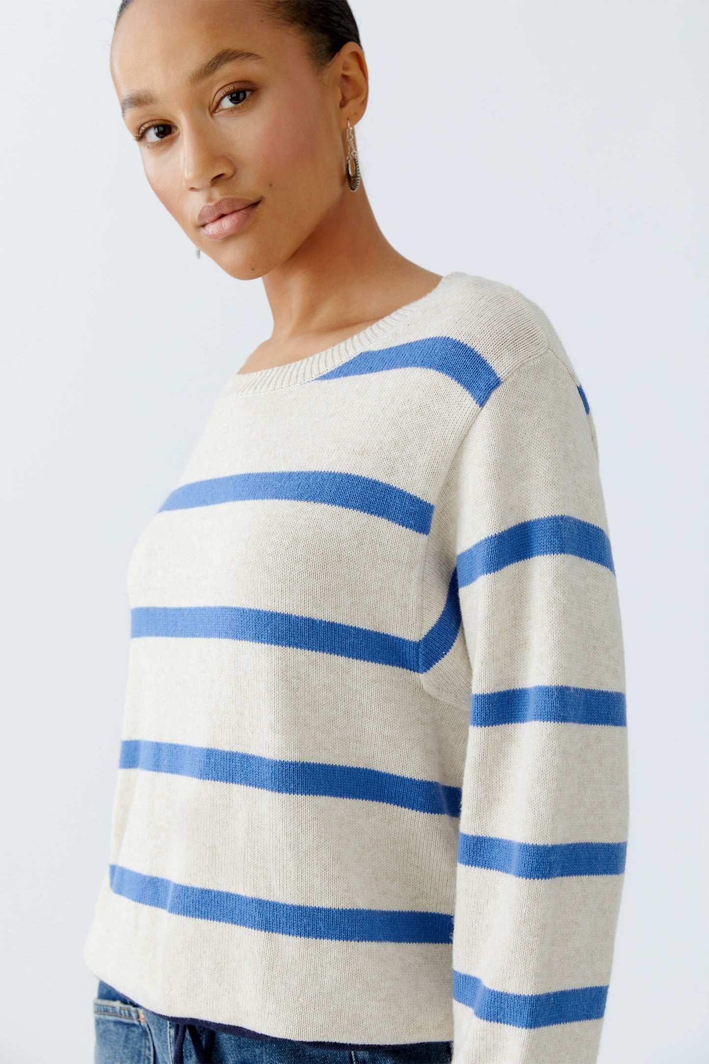 Oui Off White/Blue Stripe Drawstring Jumper'