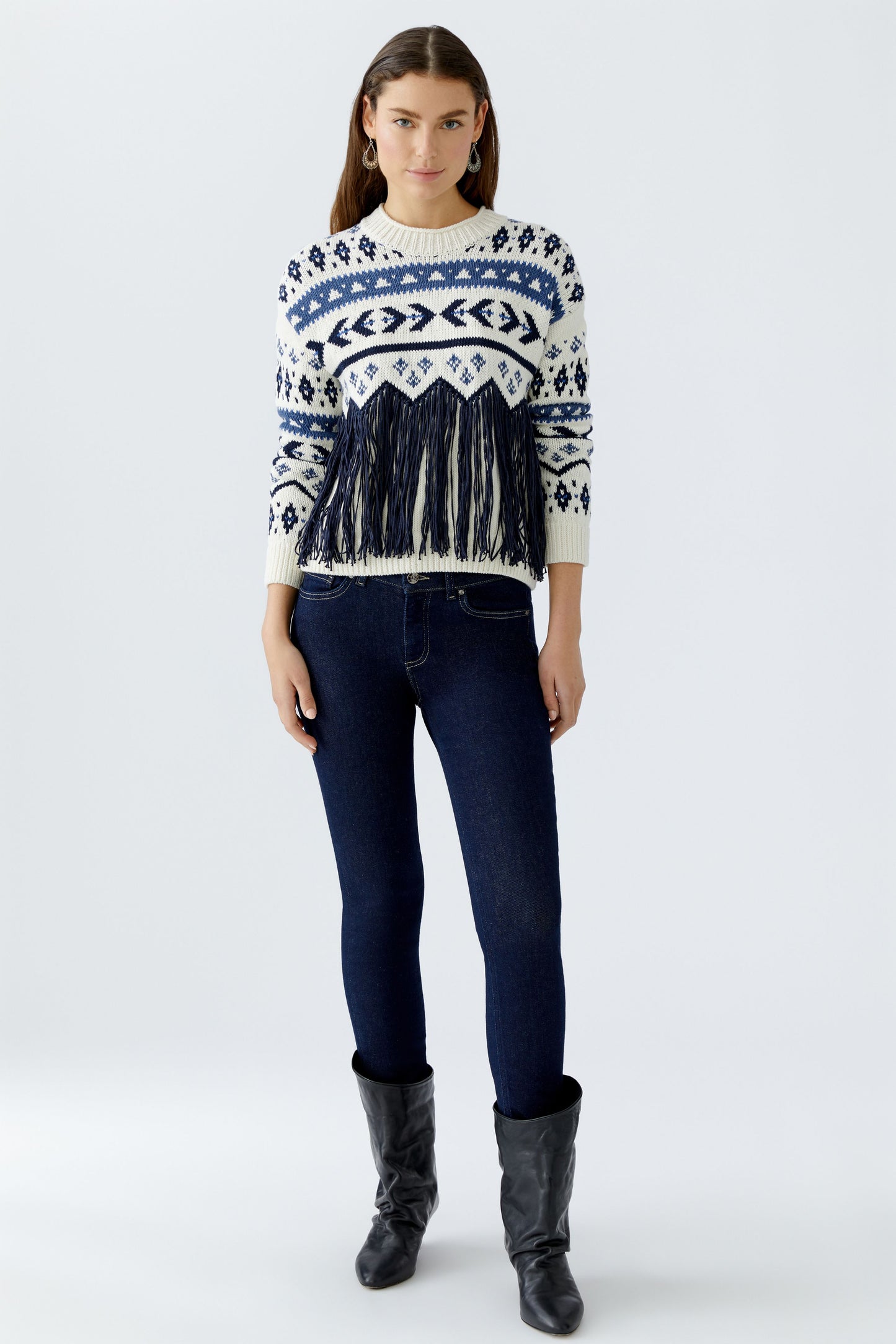 Oui White/Blue Fringe Pattern Jumper