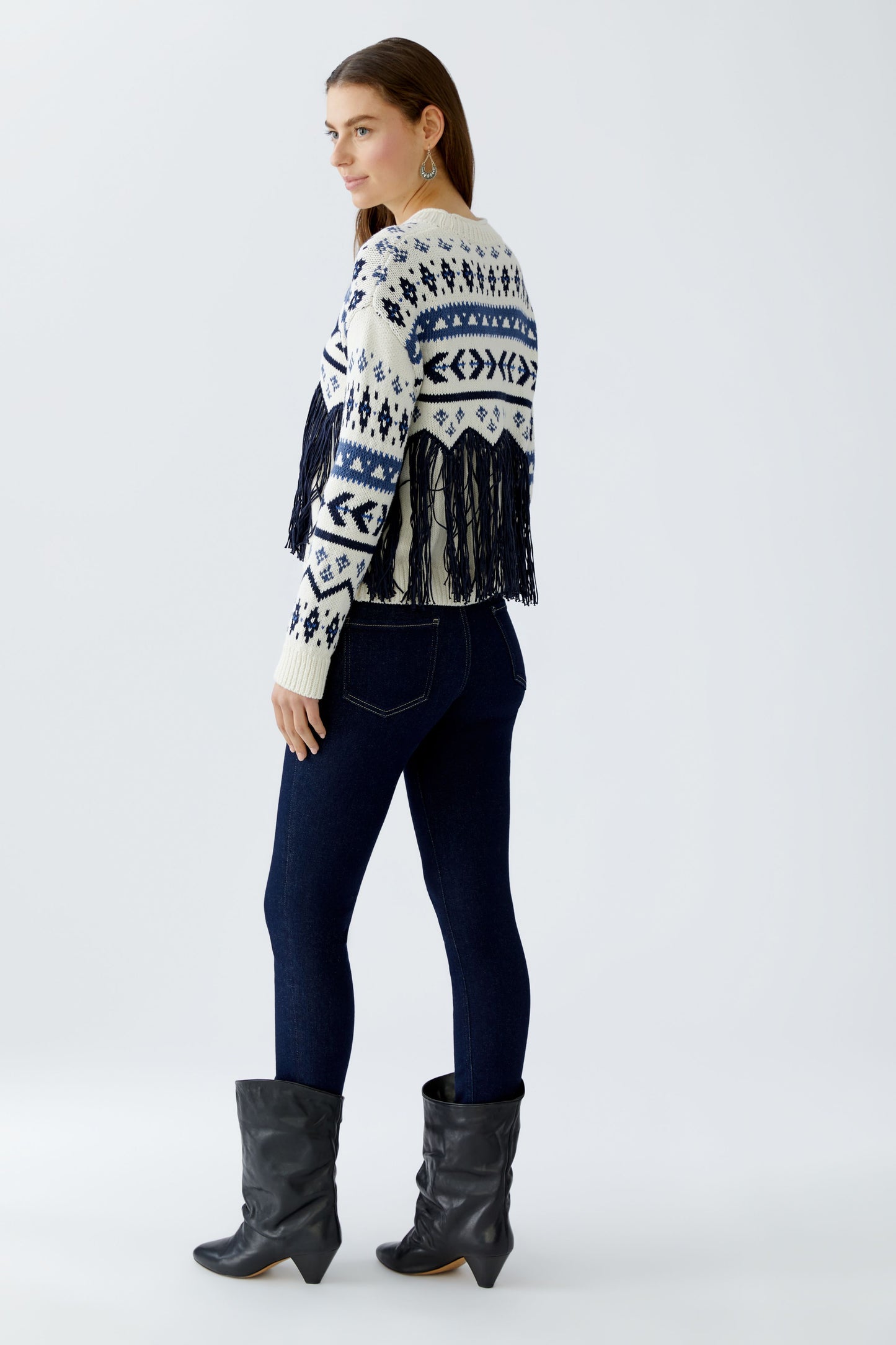 Oui White/Blue Fringe Pattern Jumper