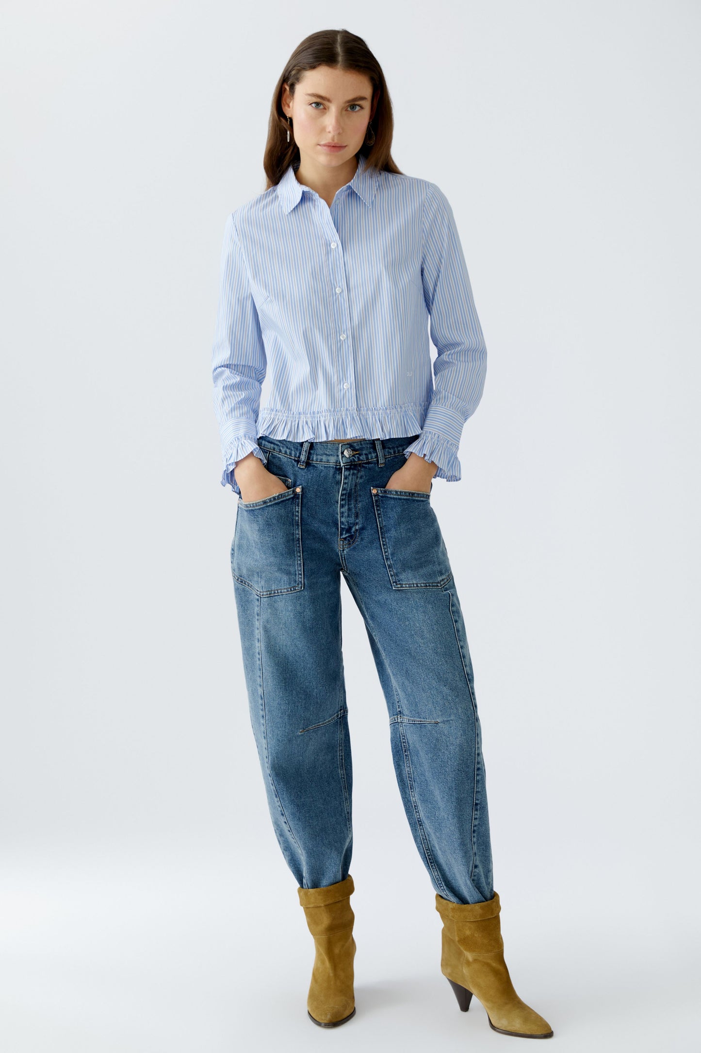 Oui Light Blue/White Stripe Frill Blouse