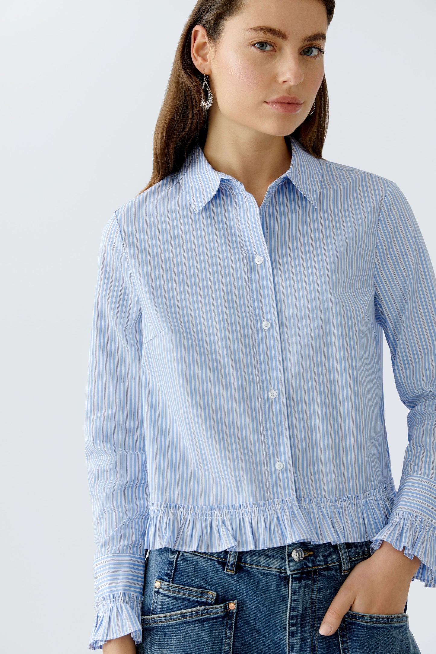 Oui Light Blue/White Stripe Frill Blouse