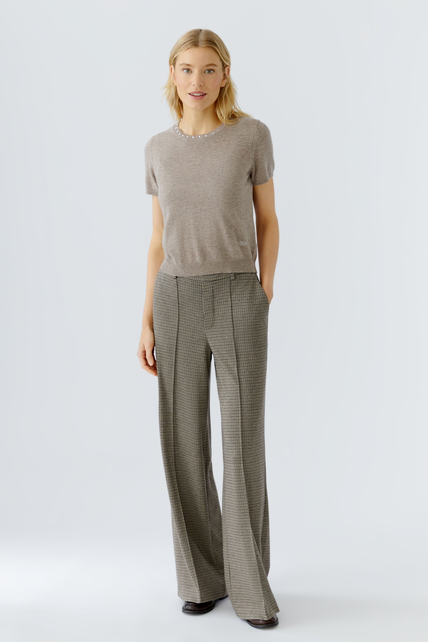Oui Lt Stone/Grey Houndstooth Wide Leg Trouser