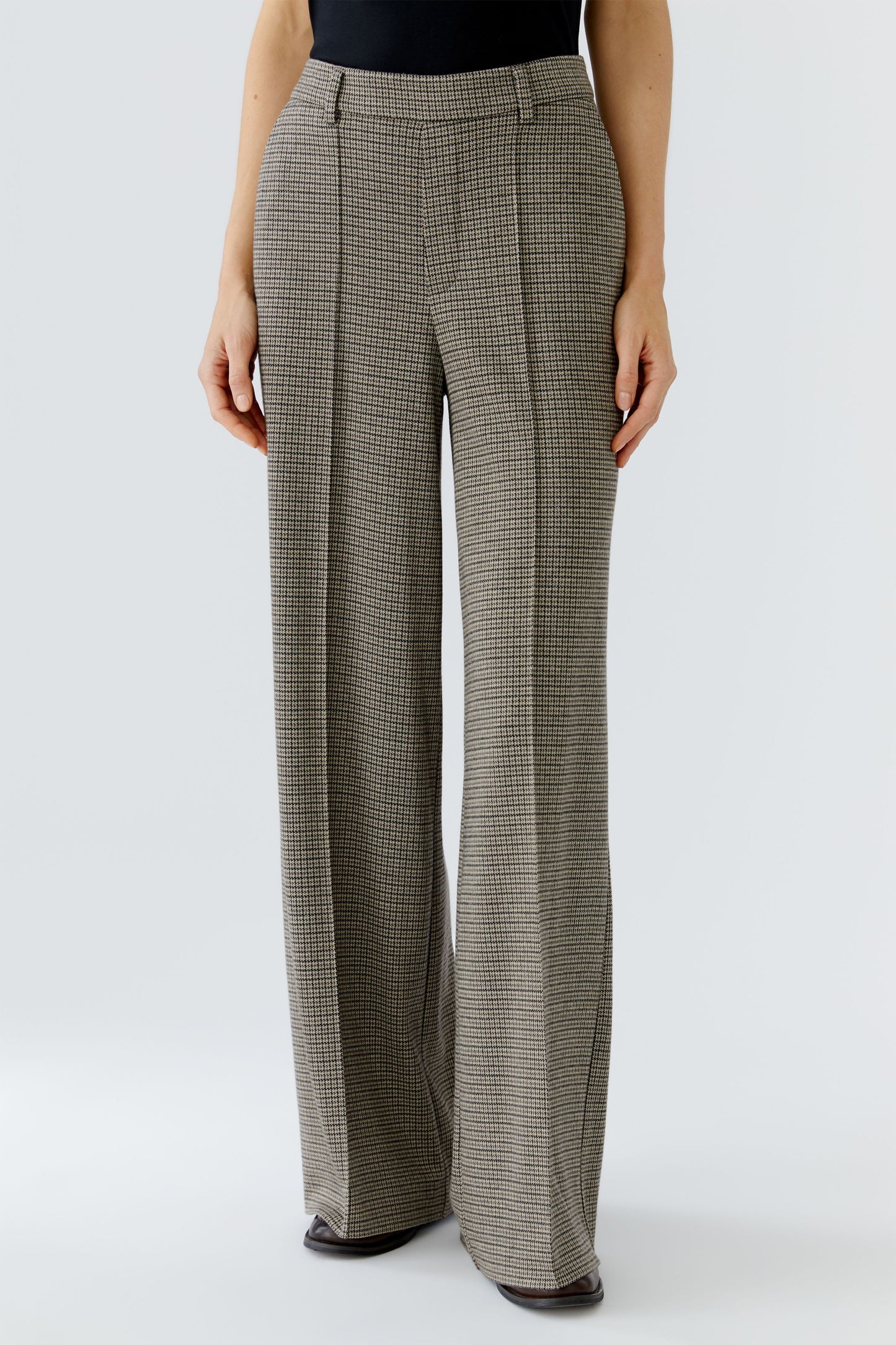 Oui Lt Stone/Grey Houndstooth Wide Leg Trouser