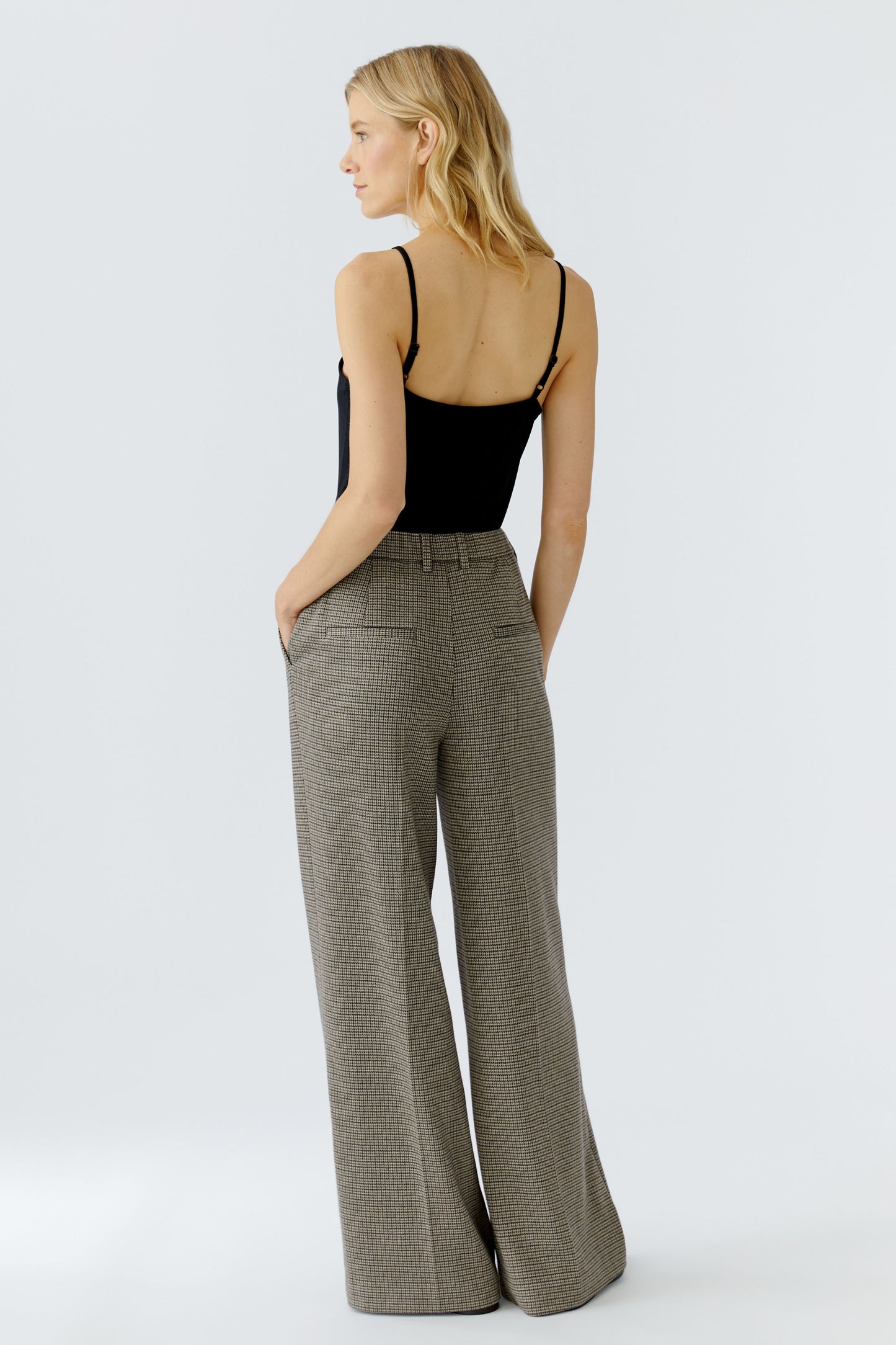 Oui Lt Stone/Grey Houndstooth Wide Leg Trouser