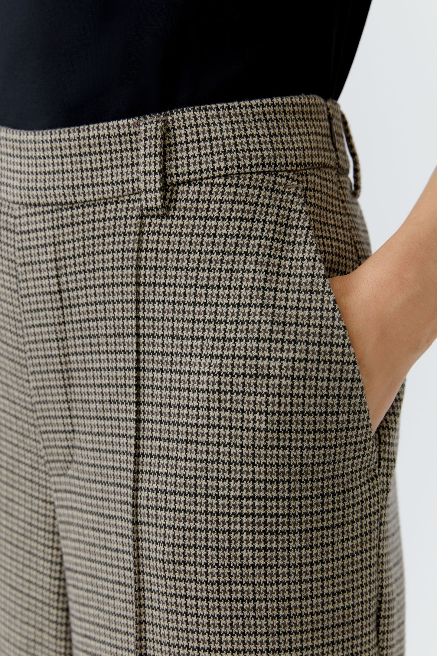 Oui Lt Stone/Grey Houndstooth Wide Leg Trouser