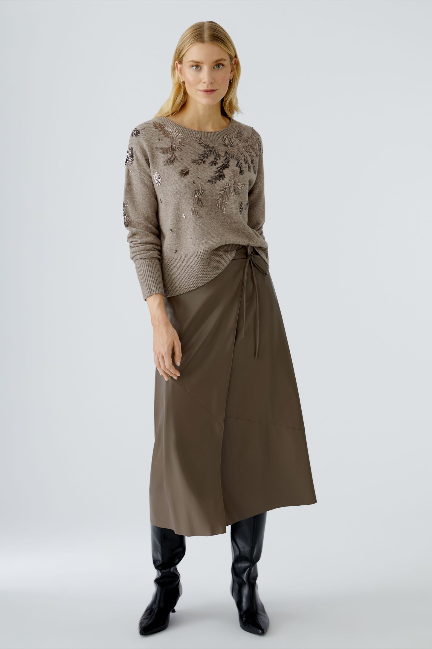 Oui Taupe Leather Look Wrap Skirt